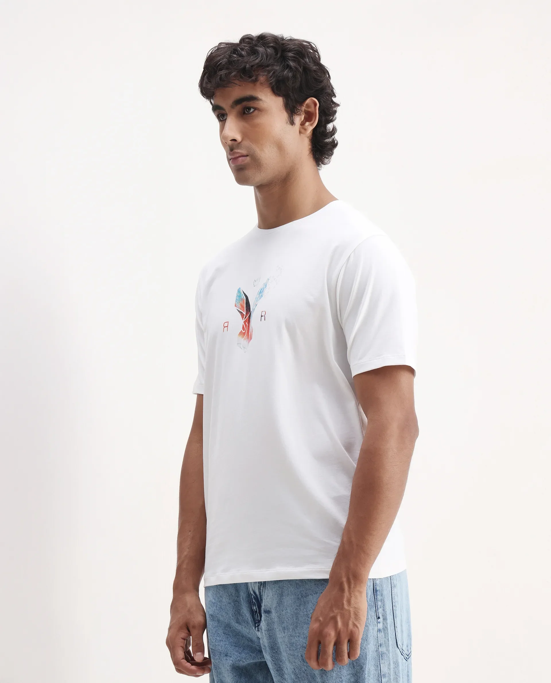 Rare Rabbit Men's Zemi White Cotton Blend Graphic Print Regular Fit Half Sleeve Crew Neck T-Shirt - Image 6