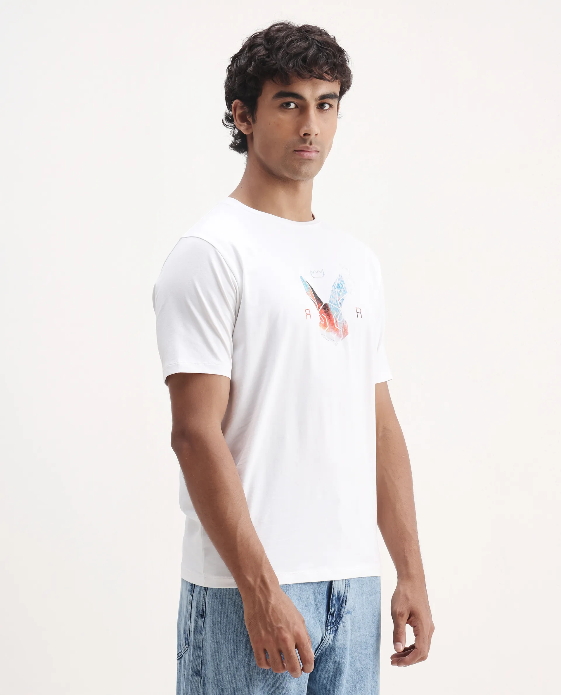 Rare Rabbit Men's Zemi White Cotton Blend Graphic Print Regular Fit Half Sleeve Crew Neck T-Shirt - Image 7