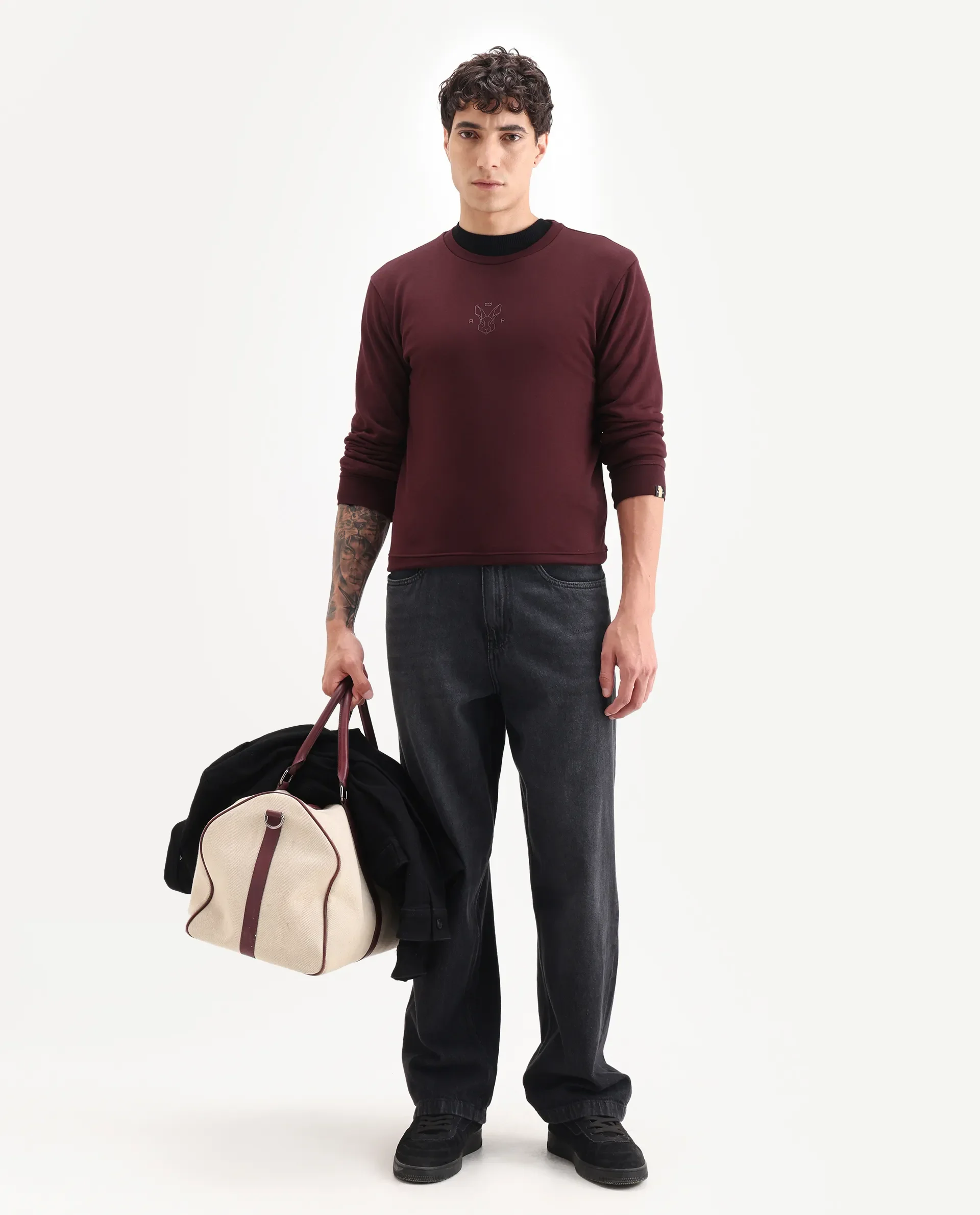 Rare Rabbit Men's Zen Maroon Cotton Plain Regular Fit Full Sleeve Crew Neck Sweatshirt - Image 2