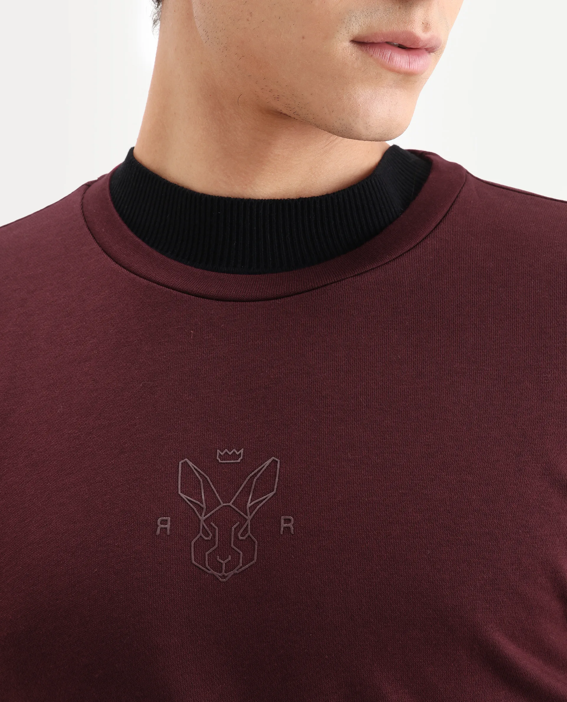 Rare Rabbit Men's Zen Maroon Cotton Plain Regular Fit Full Sleeve Crew Neck Sweatshirt - Image 3