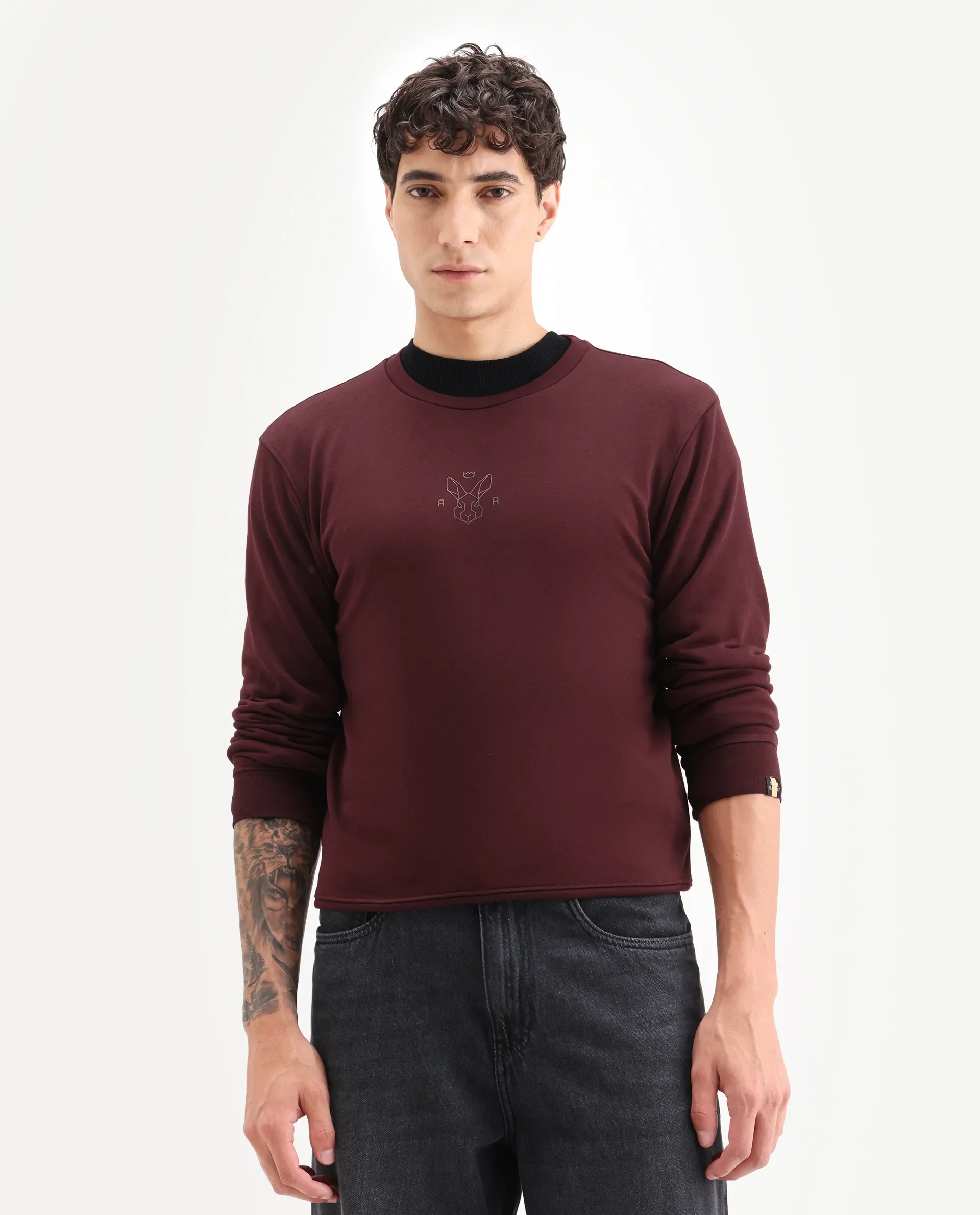Rare Rabbit Men's Zen Maroon Cotton Plain Regular Fit Full Sleeve Crew Neck Sweatshirt - Image 4