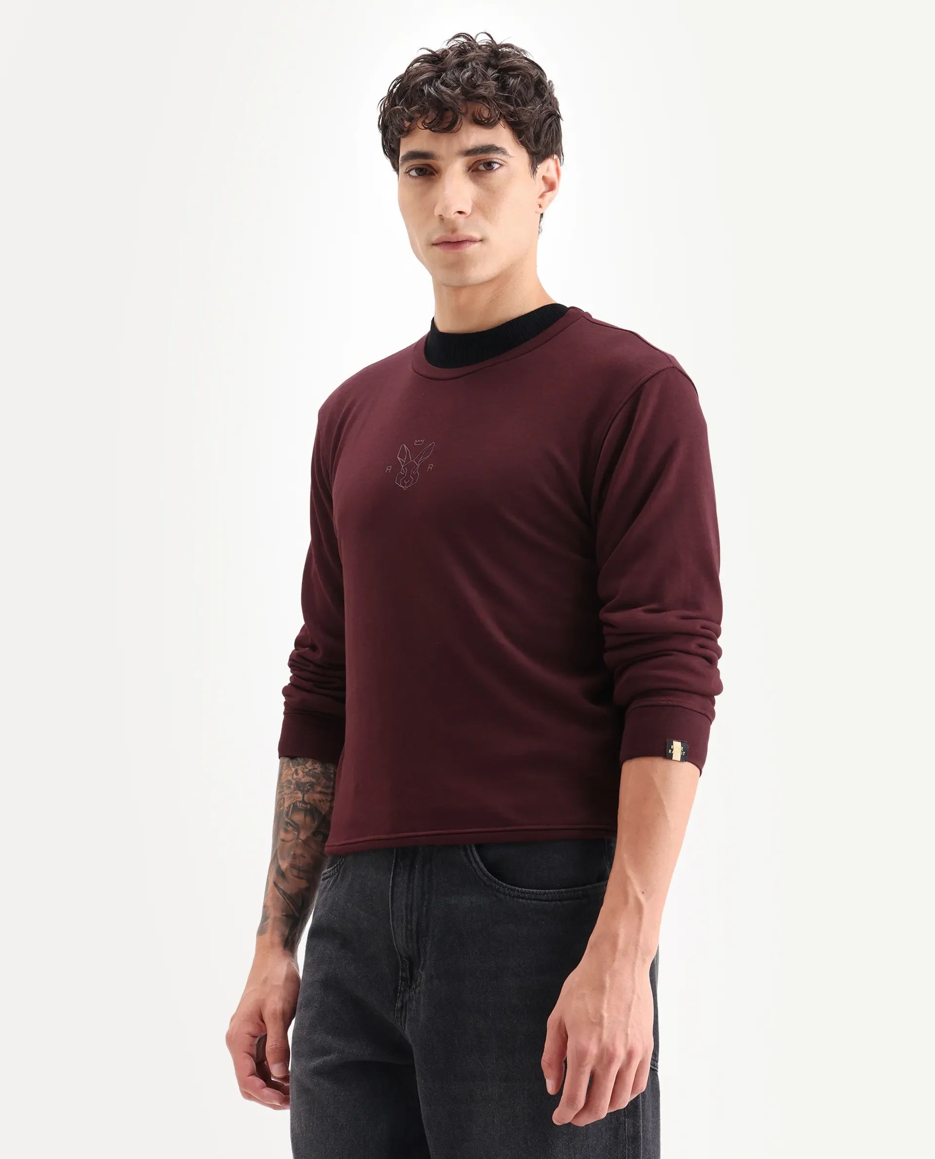 Rare Rabbit Men's Zen Maroon Cotton Plain Regular Fit Full Sleeve Crew Neck Sweatshirt - Image 5