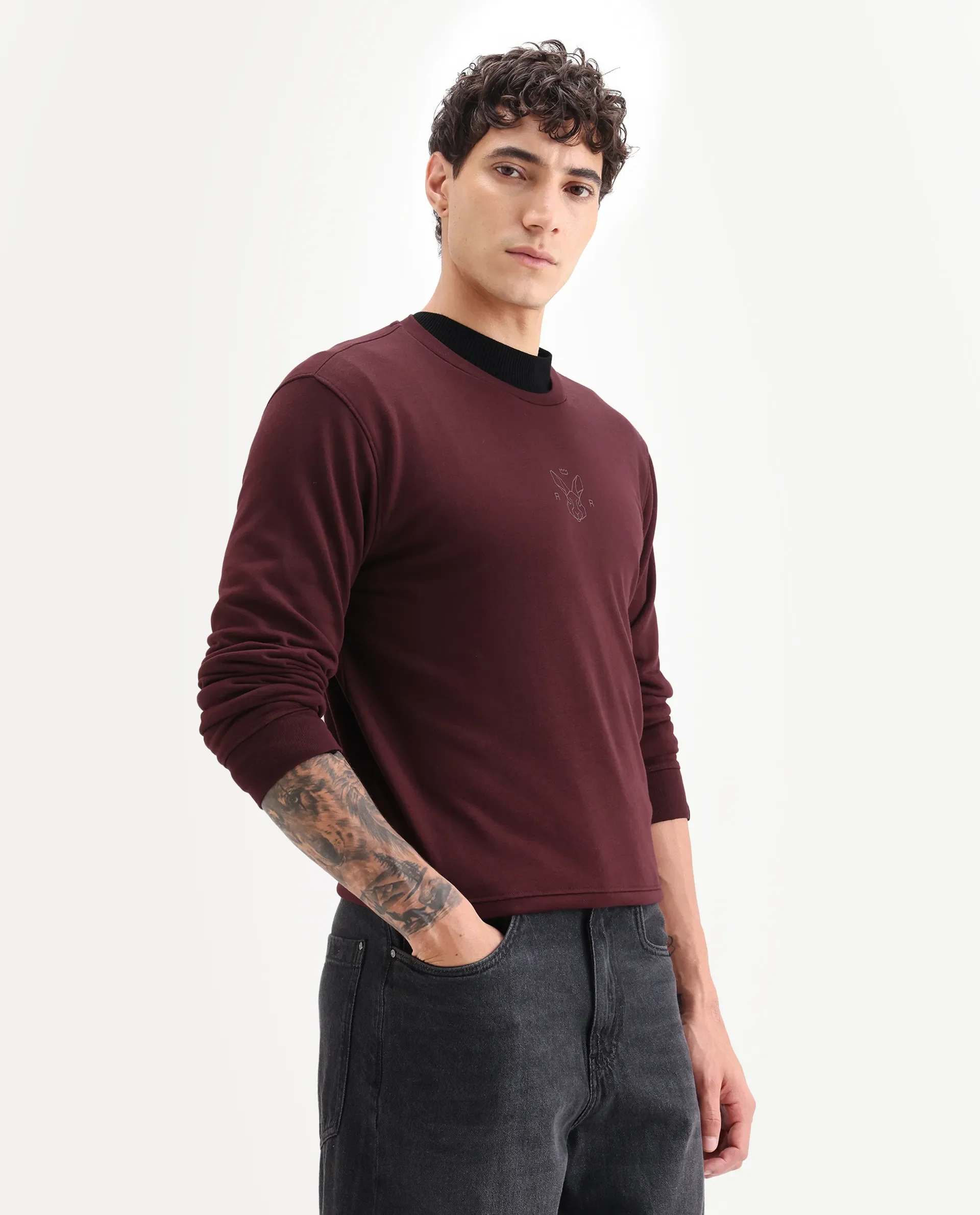Rare Rabbit Men's Zen Maroon Cotton Plain Regular Fit Full Sleeve Crew Neck Sweatshirt - Image 6
