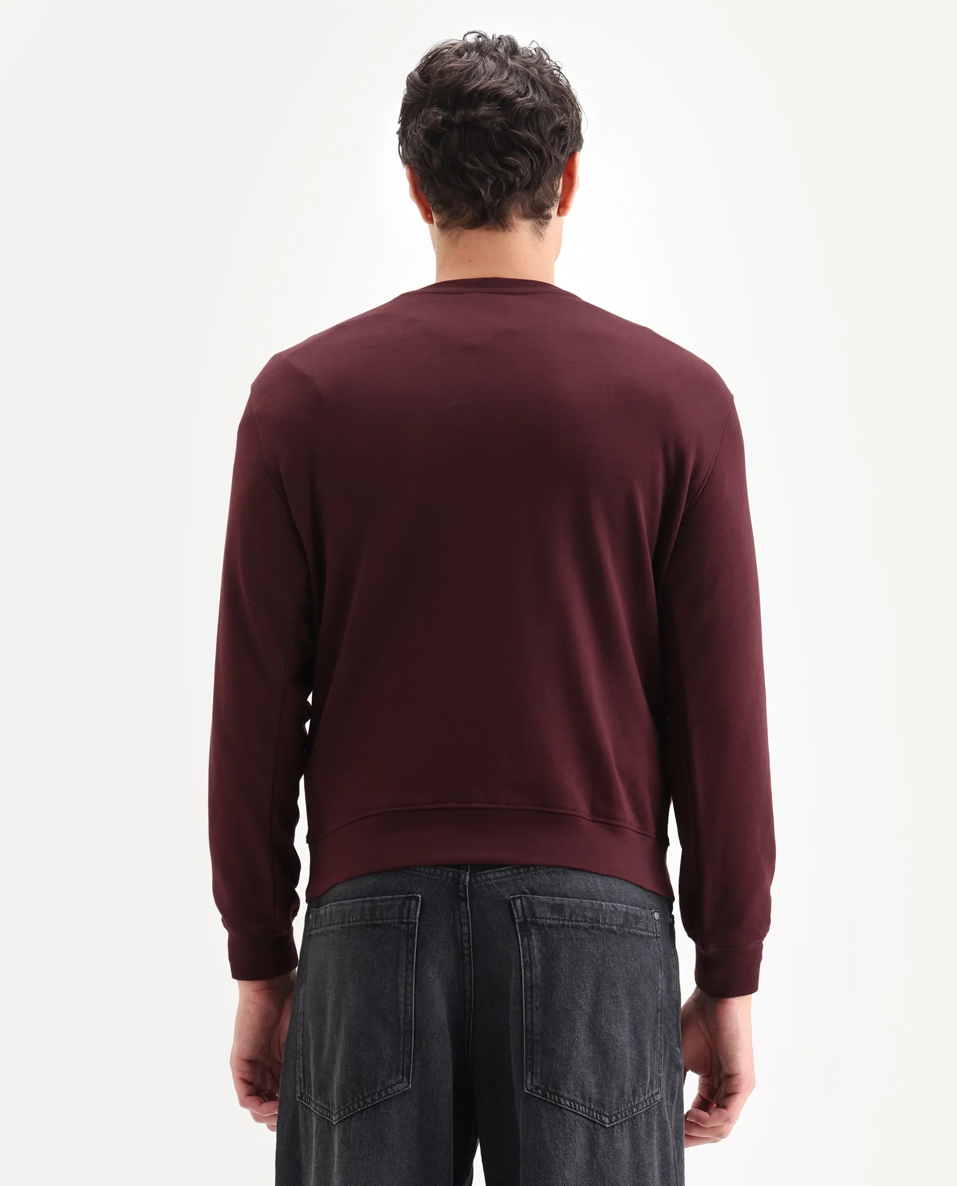 Rare Rabbit Men's Zen Maroon Cotton Plain Regular Fit Full Sleeve Crew Neck Sweatshirt - Image 7
