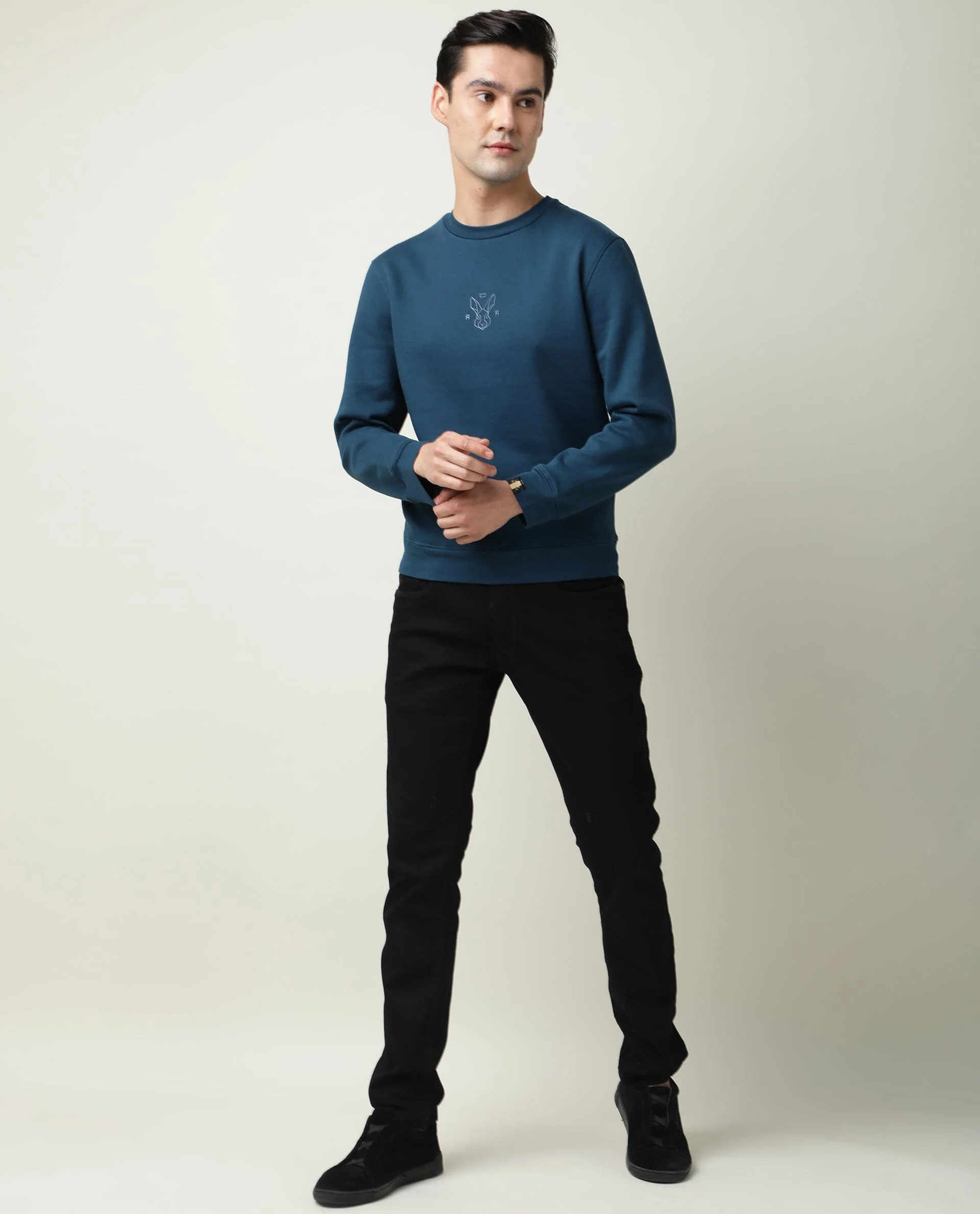 Rare Rabbit Men's Zen Petrol Plain Regular Fit Full Sleeve Crew Neck Sweatshirt - Image 2