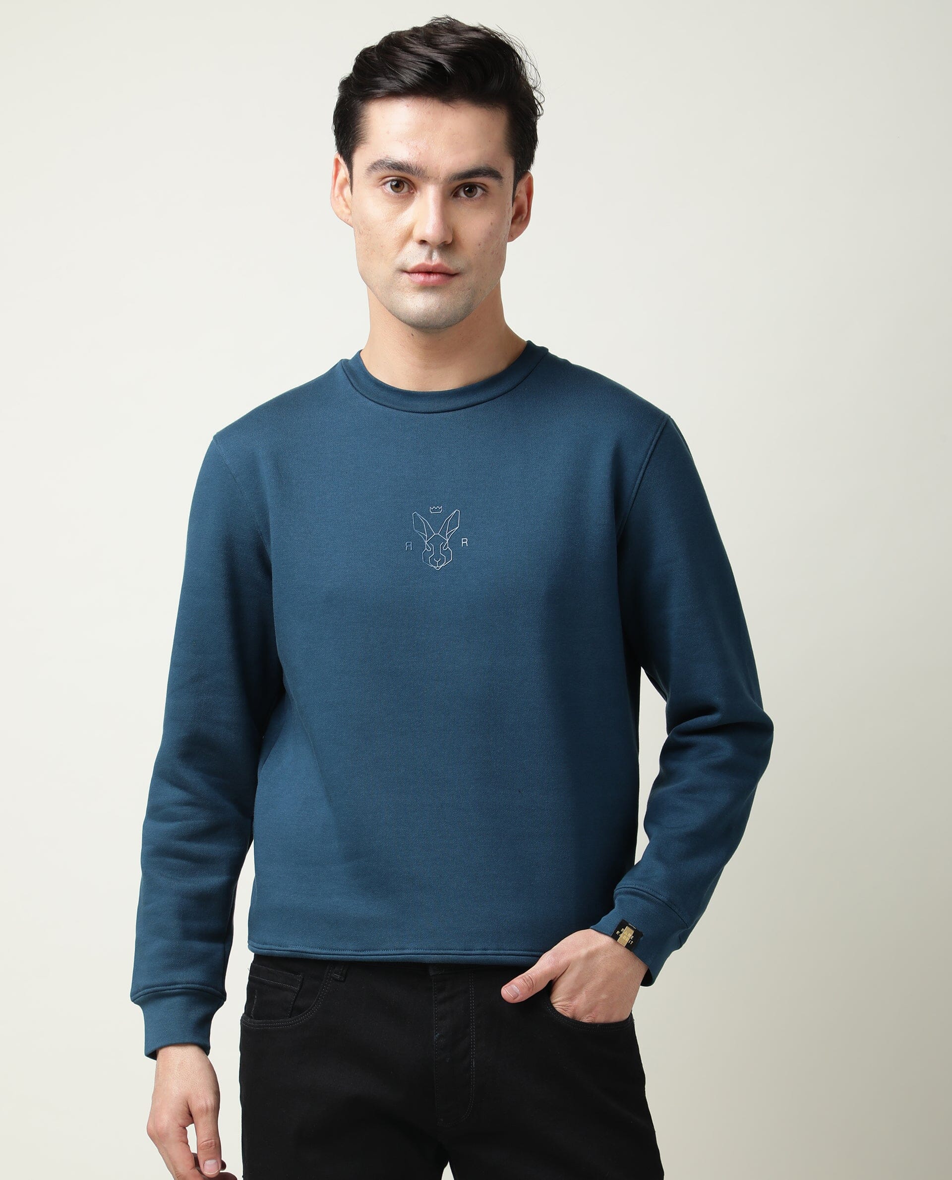 Rare Rabbit Men's Zen Petrol Plain Regular Fit Full Sleeve Crew Neck Sweatshirt - Image 3