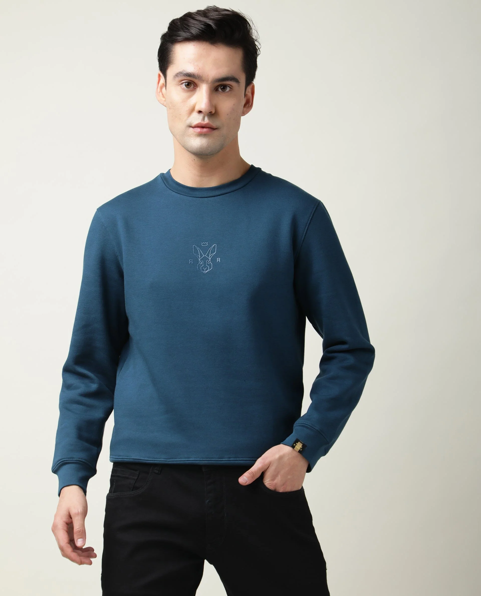Rare Rabbit Men's Zen Petrol Plain Regular Fit Full Sleeve Crew Neck Sweatshirt - Image 4