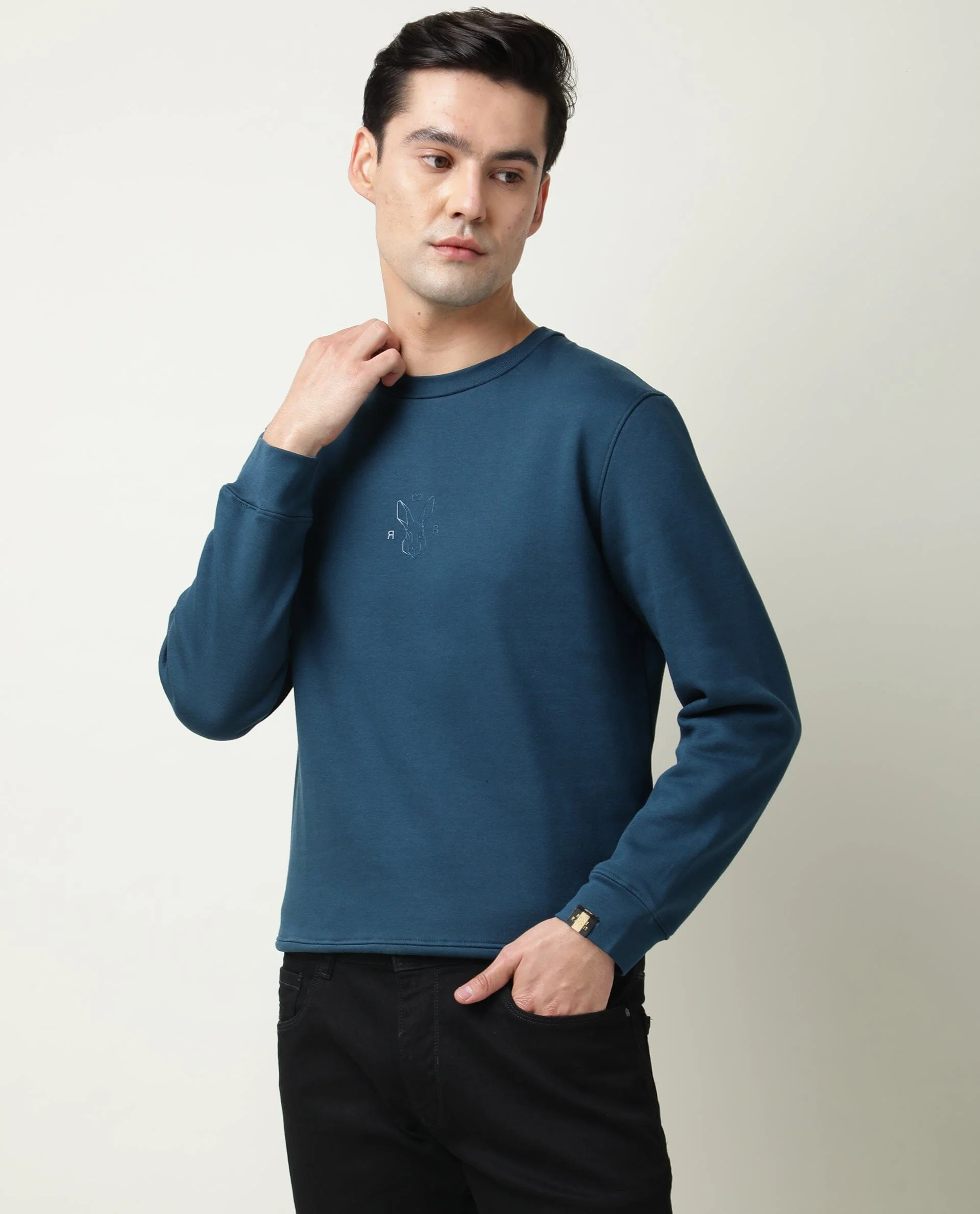 Rare Rabbit Men's Zen Petrol Plain Regular Fit Full Sleeve Crew Neck Sweatshirt - Image 5