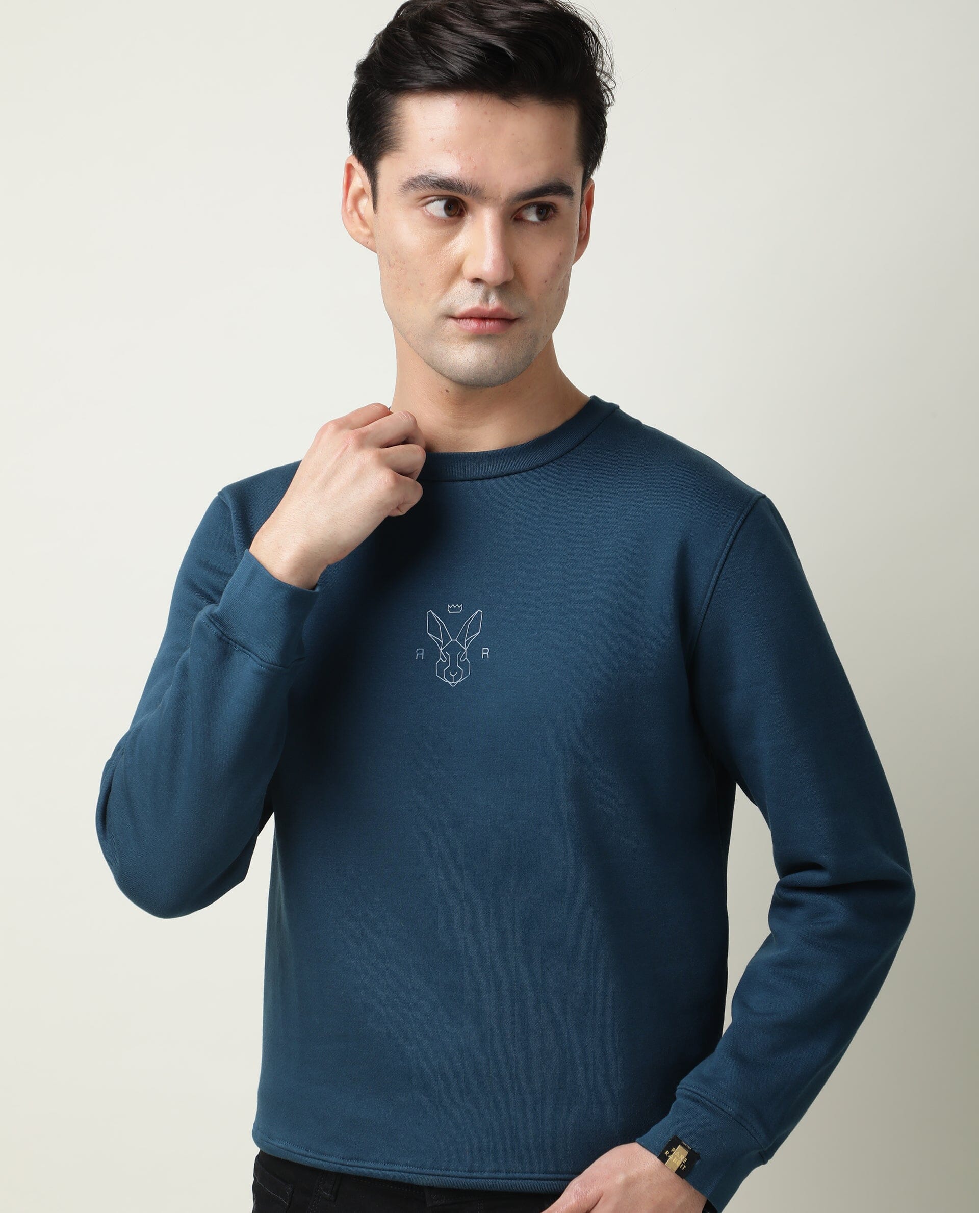 Rare Rabbit Men's Zen Petrol Plain Regular Fit Full Sleeve Crew Neck Sweatshirt - Image 6