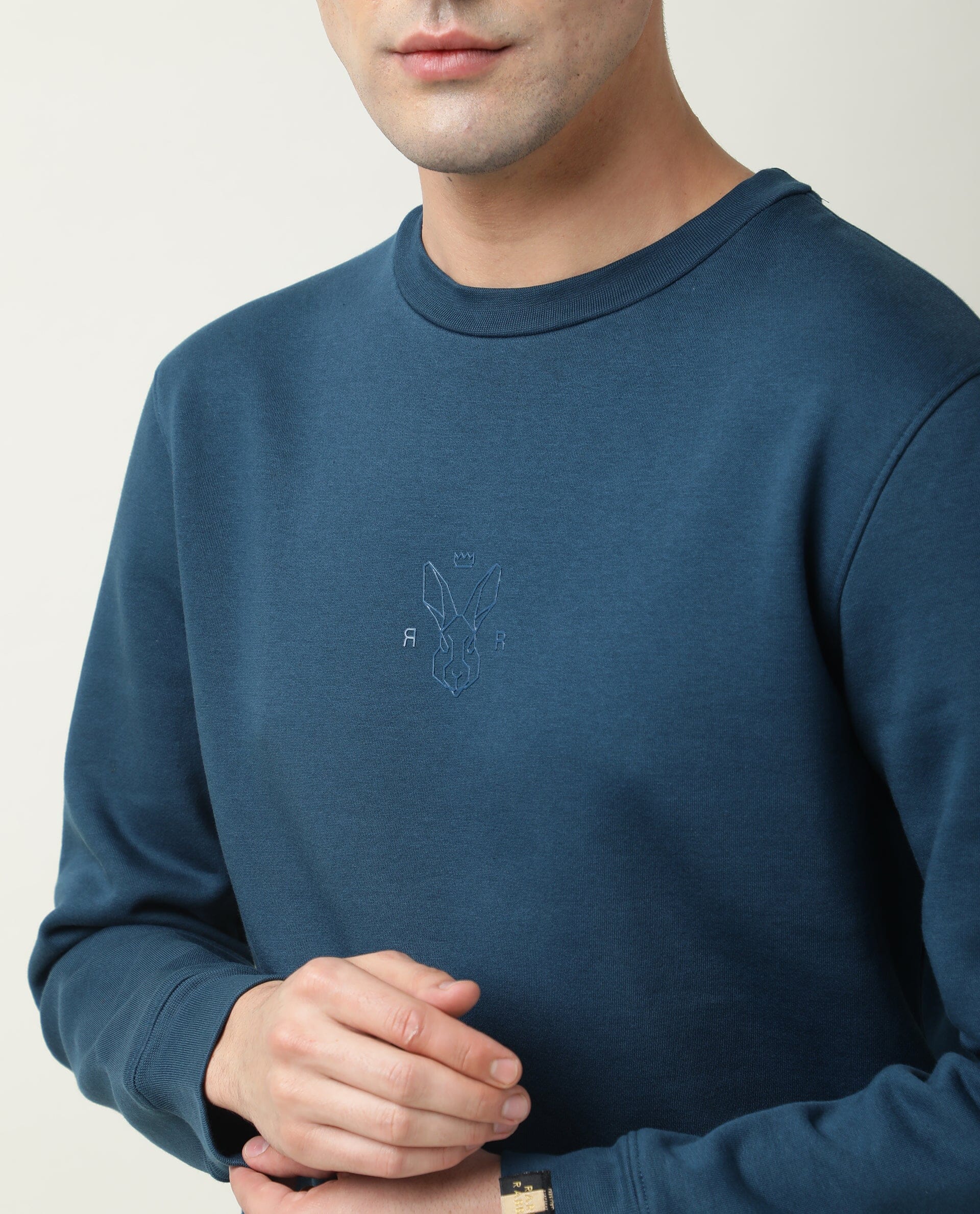 Rare Rabbit Men's Zen Petrol Plain Regular Fit Full Sleeve Crew Neck Sweatshirt - Image 7