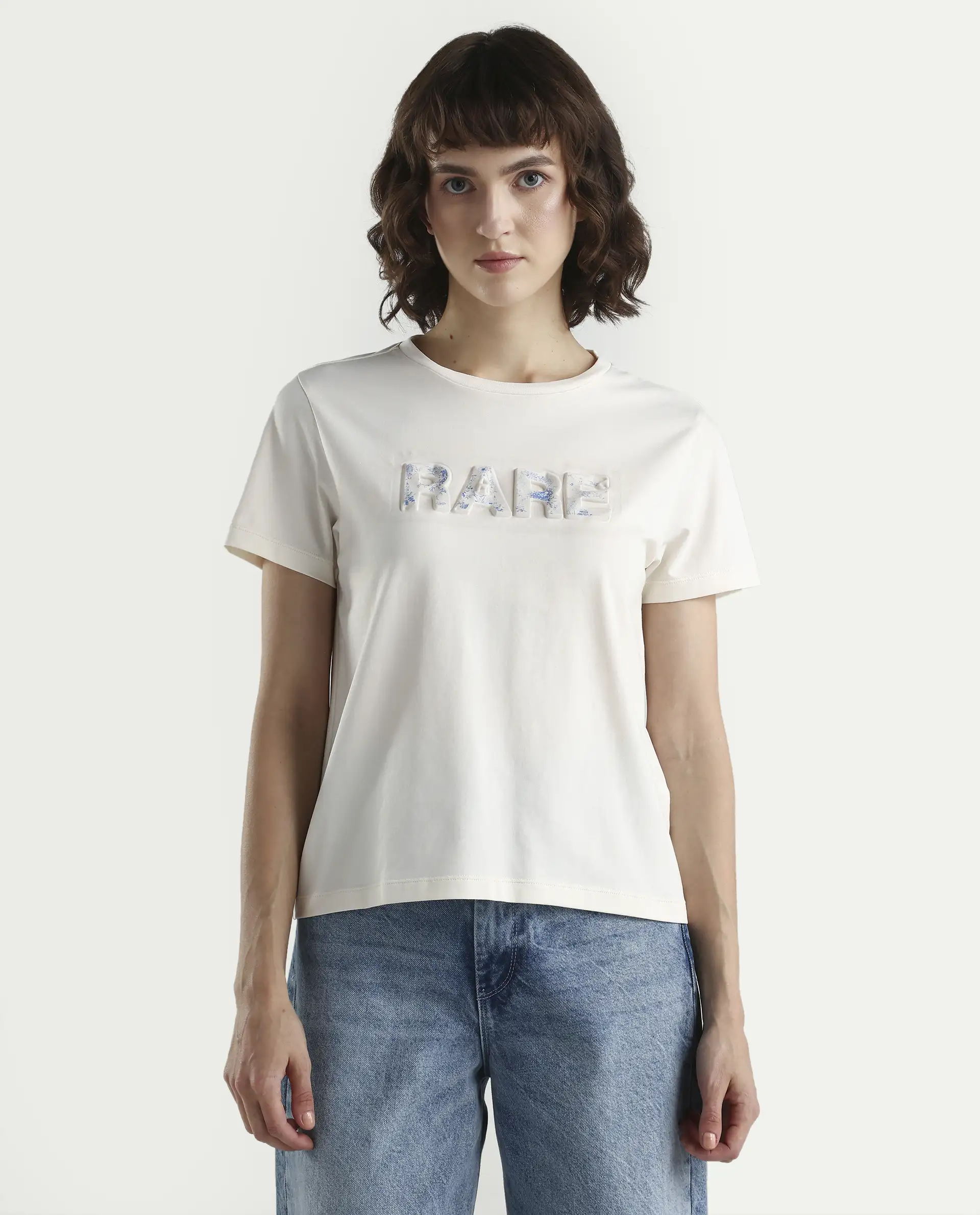Rareism Women's Zen Off White Cotton Blend Half Sleeve Regular Fit Printed T-Shirt - Image 3