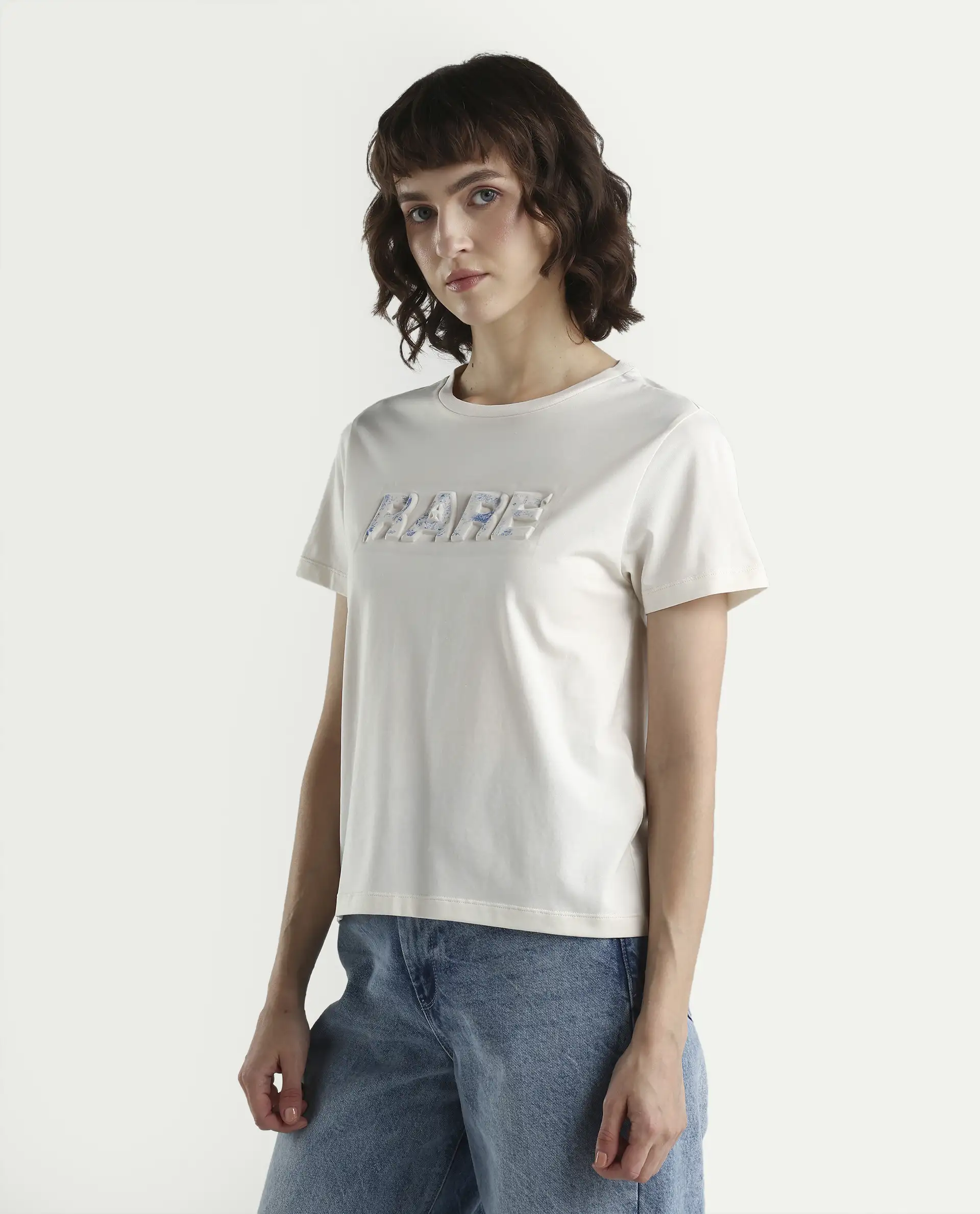 Rareism Women's Zen Off White Cotton Blend Half Sleeve Regular Fit Printed T-Shirt - Image 5