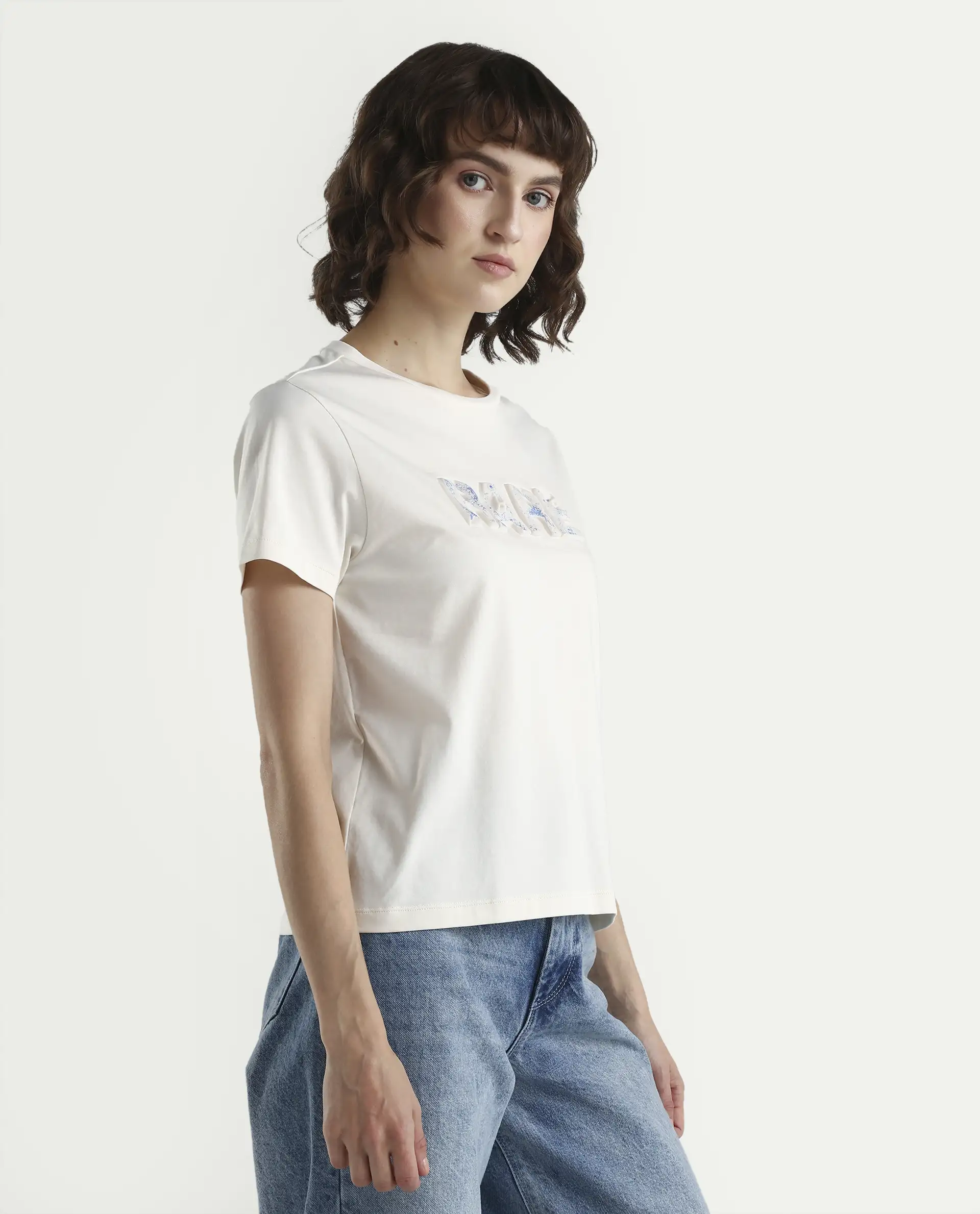 Rareism Women's Zen Off White Cotton Blend Half Sleeve Regular Fit Printed T-Shirt - Image 6