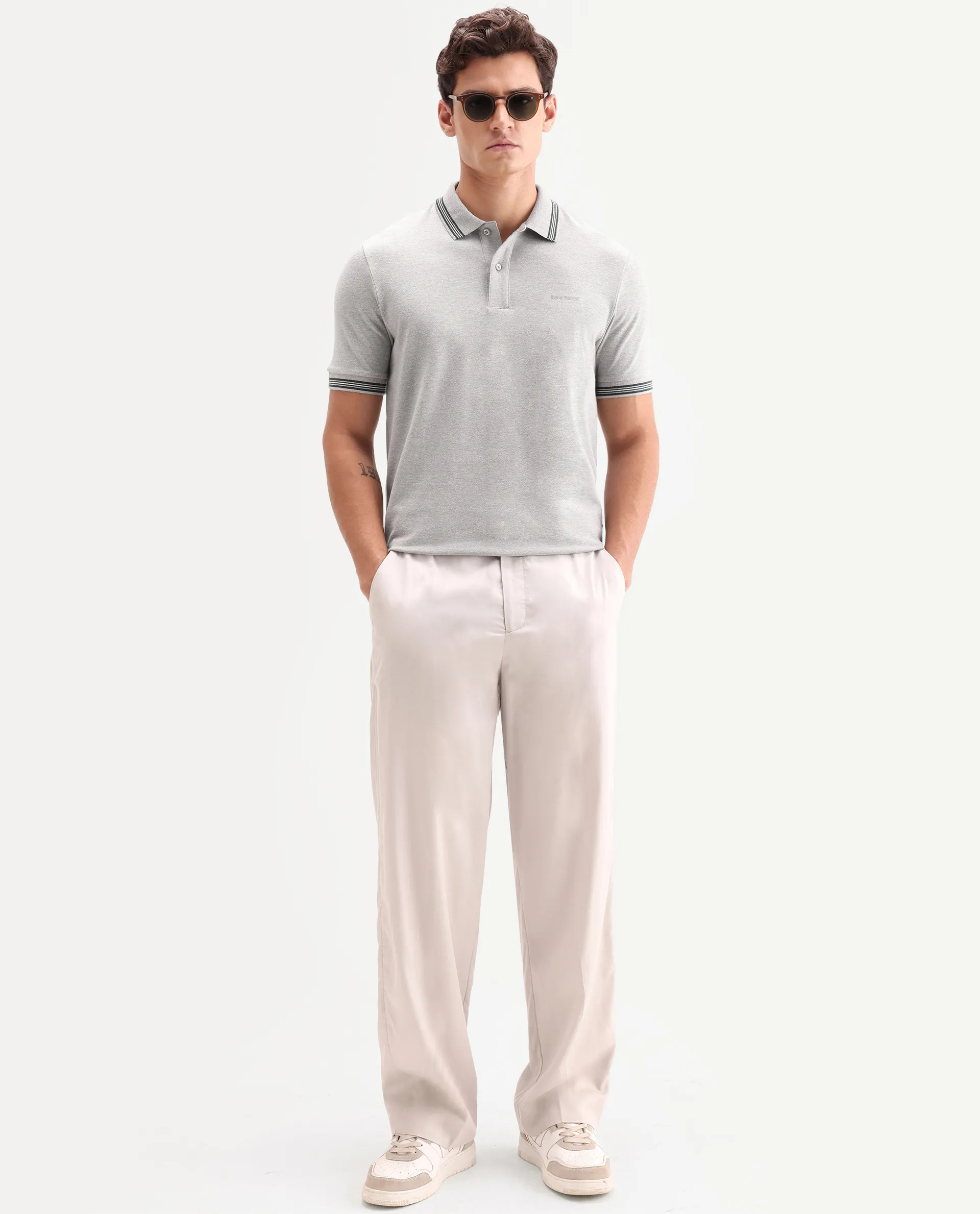 Rare Rabbit Men's Zena Light Grey Cotton Blend Fabric Half Sleeve Spread Collar Regular Fit Plain Polo - Image 2