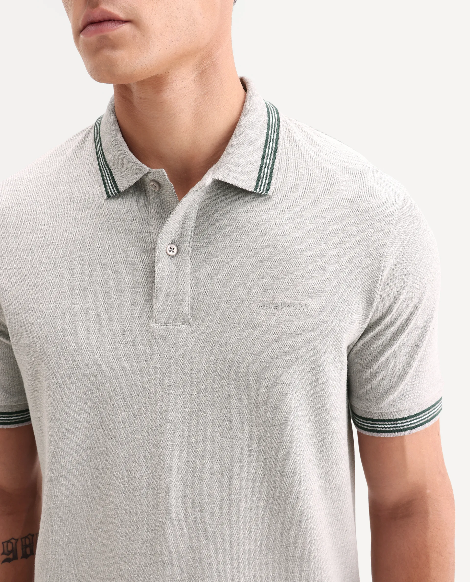 Rare Rabbit Men's Zena Light Grey Cotton Blend Fabric Half Sleeve Spread Collar Regular Fit Plain Polo - Image 3
