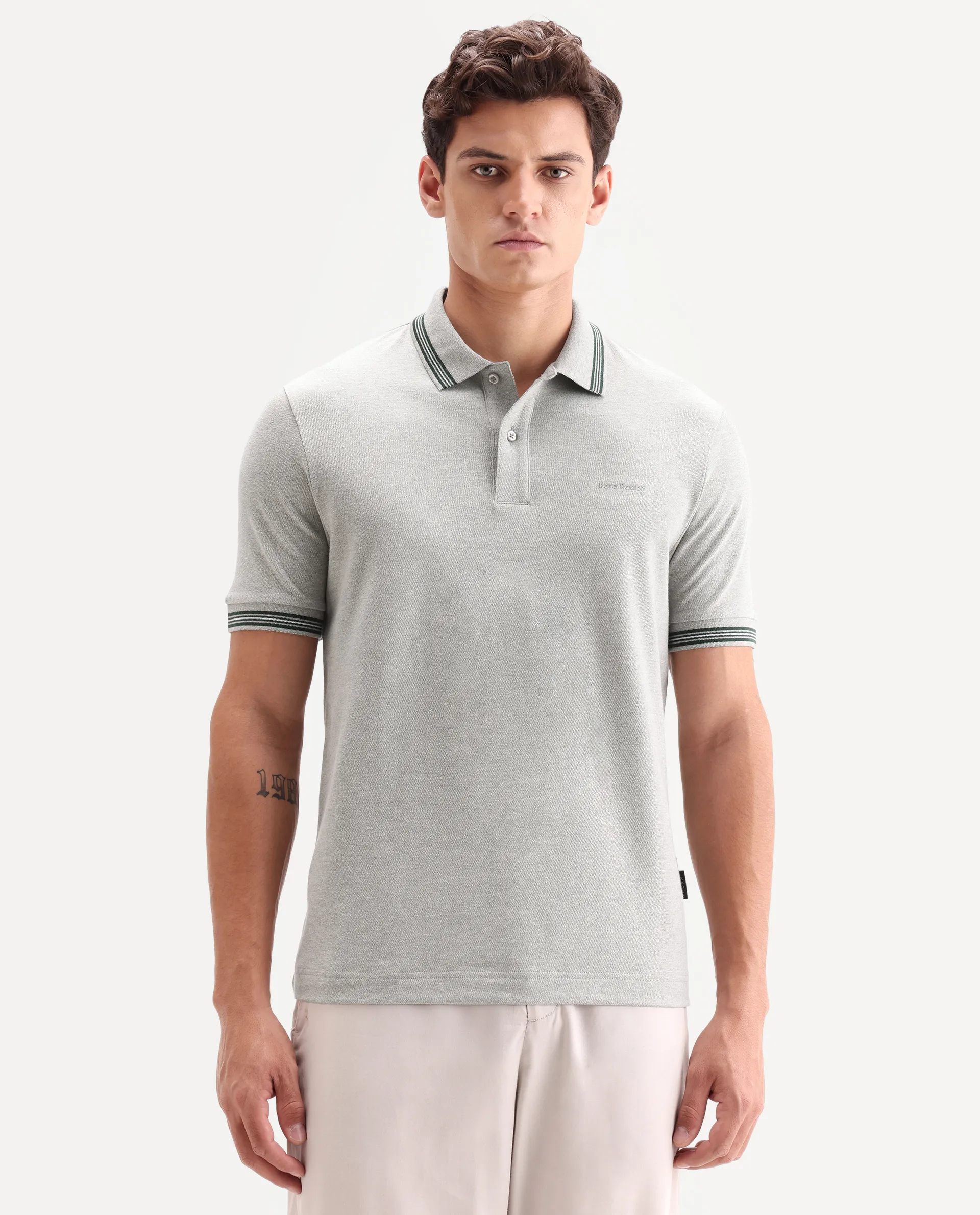 Rare Rabbit Men's Zena Light Grey Cotton Blend Fabric Half Sleeve Spread Collar Regular Fit Plain Polo - Image 4