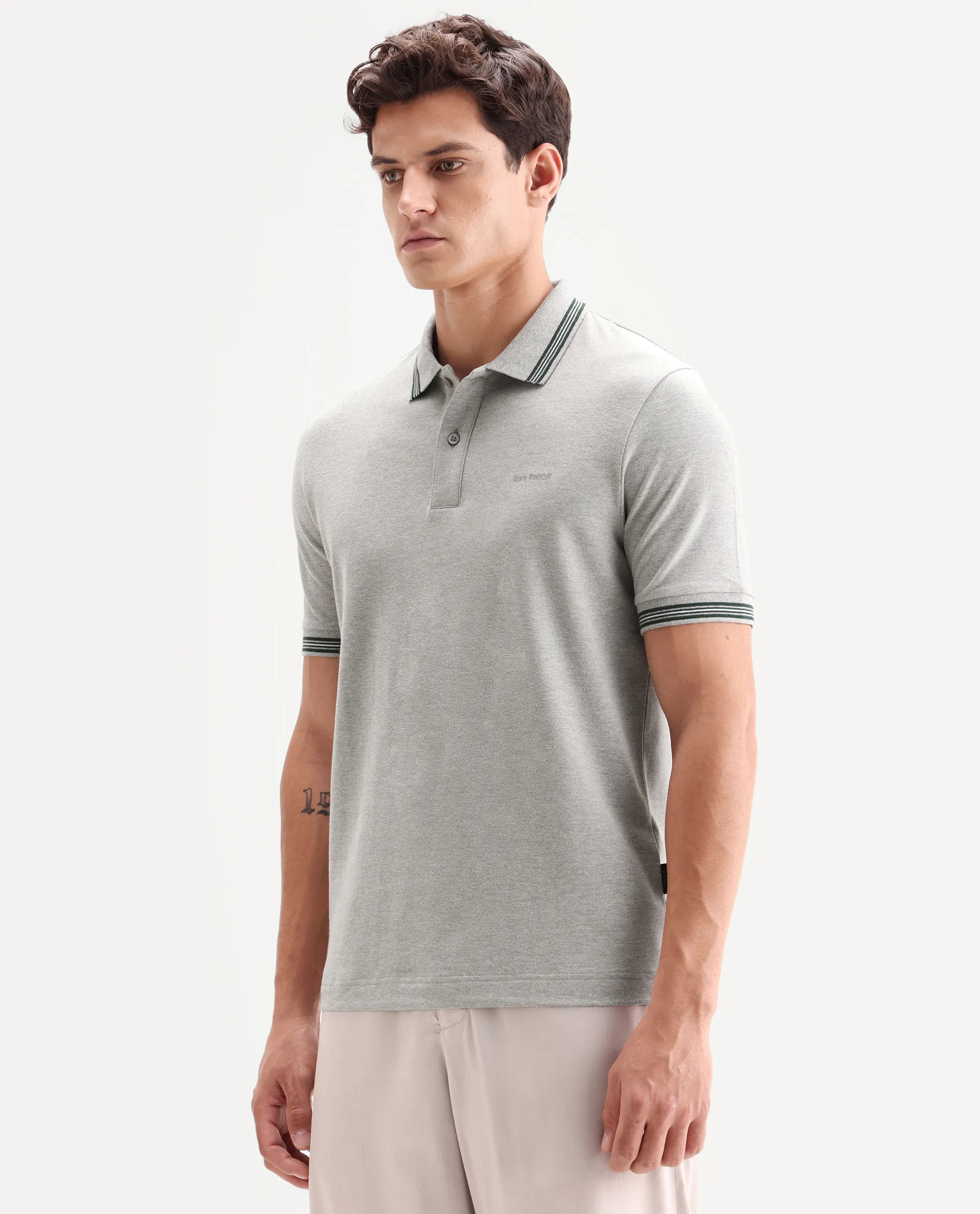 Rare Rabbit Men's Zena Light Grey Cotton Blend Fabric Half Sleeve Spread Collar Regular Fit Plain Polo - Image 5