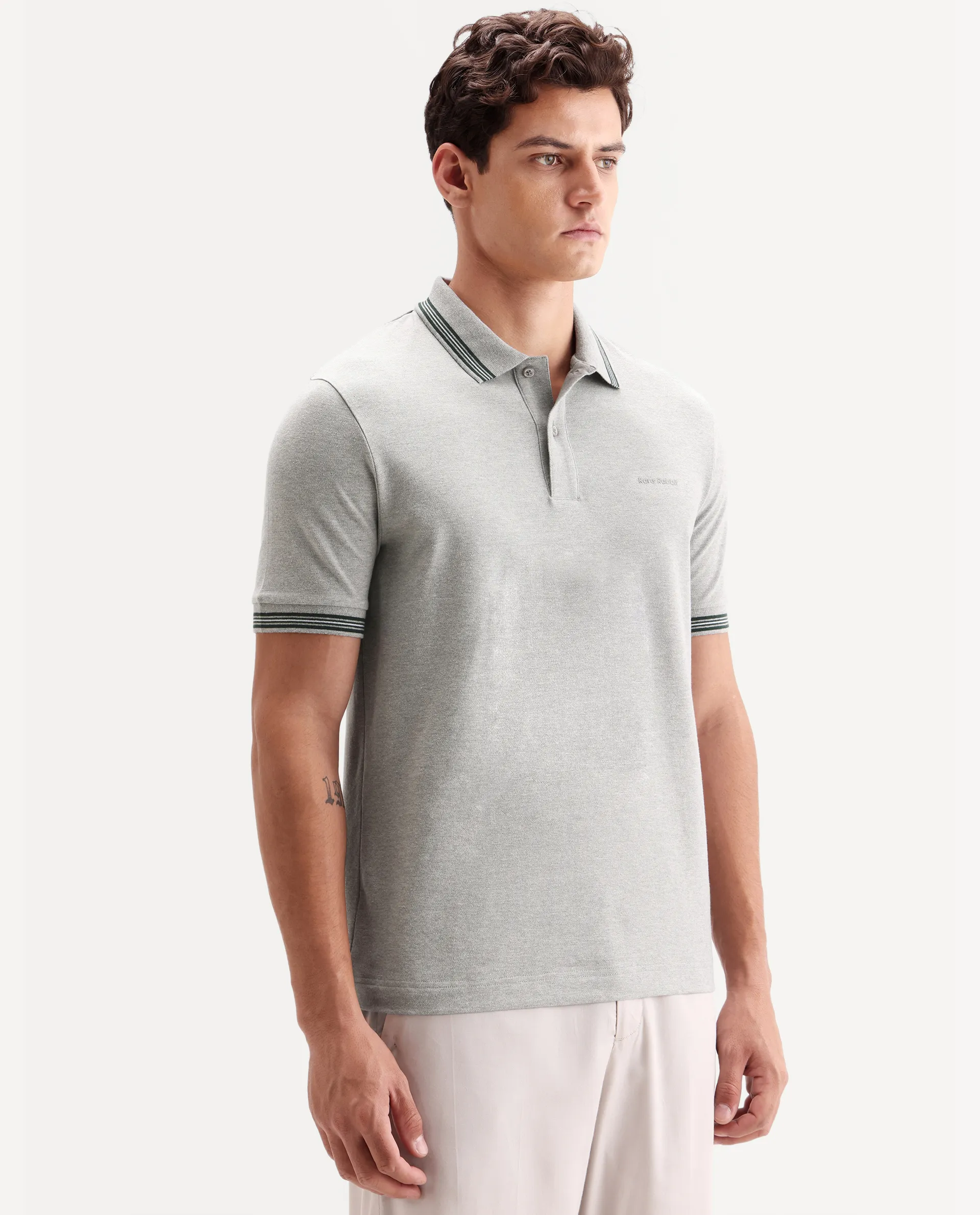 Rare Rabbit Men's Zena Light Grey Cotton Blend Fabric Half Sleeve Spread Collar Regular Fit Plain Polo - Image 6