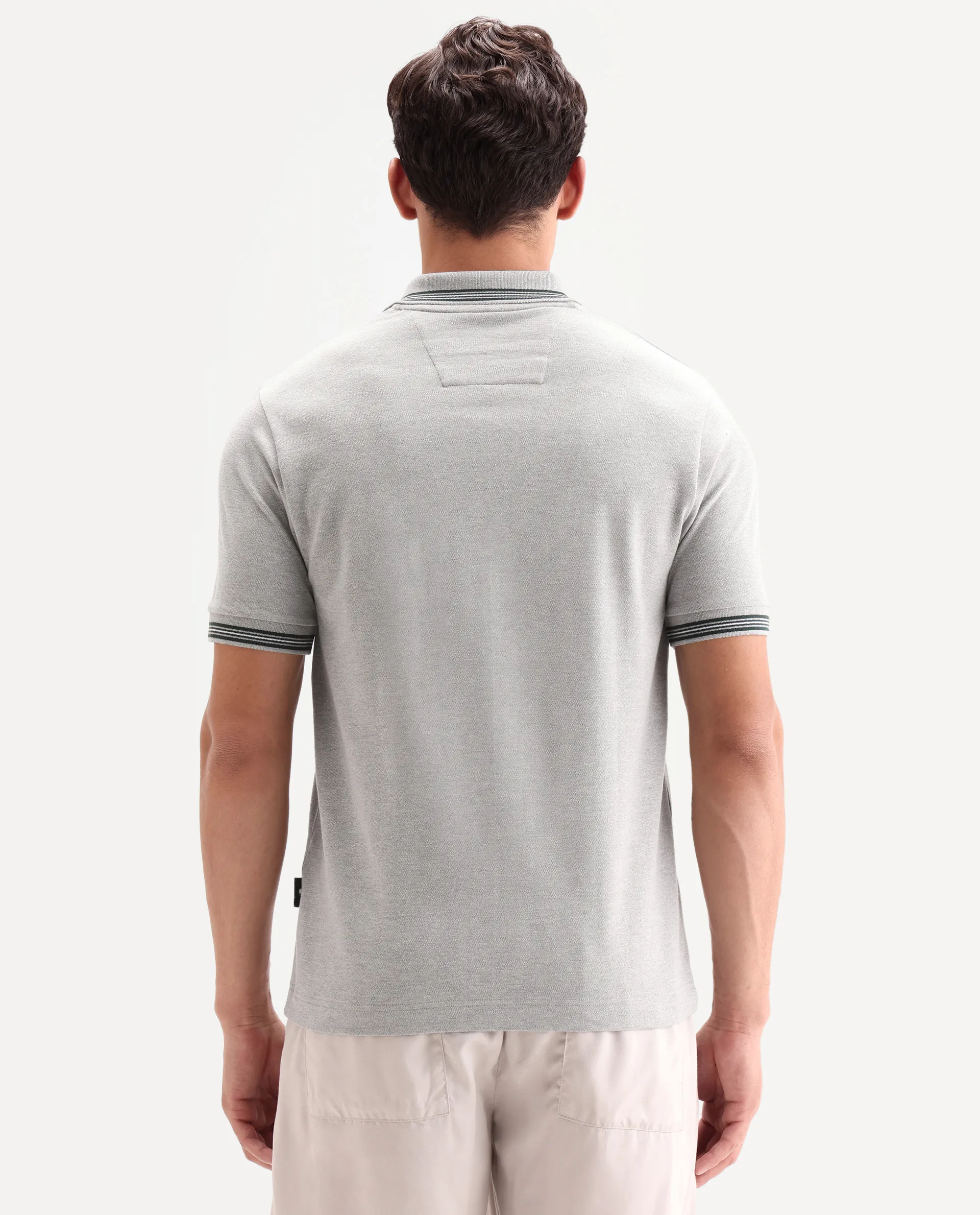 Rare Rabbit Men's Zena Light Grey Cotton Blend Fabric Half Sleeve Spread Collar Regular Fit Plain Polo - Image 7