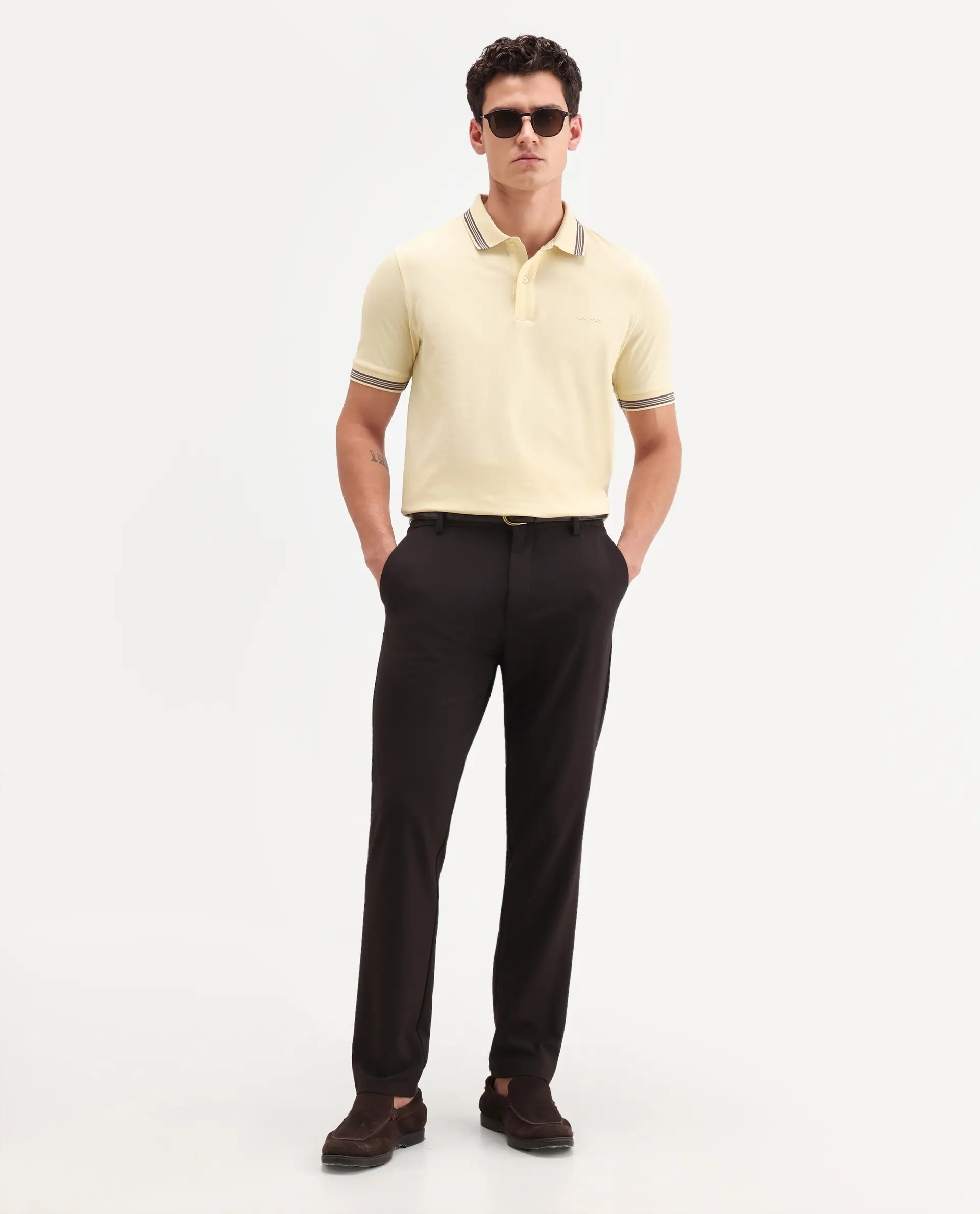 Rare Rabbit Men's Zena Light Yellow Cotton Blend Fabric Half Sleeve Spread Collar Regular Fit Plain Polo - Image 2