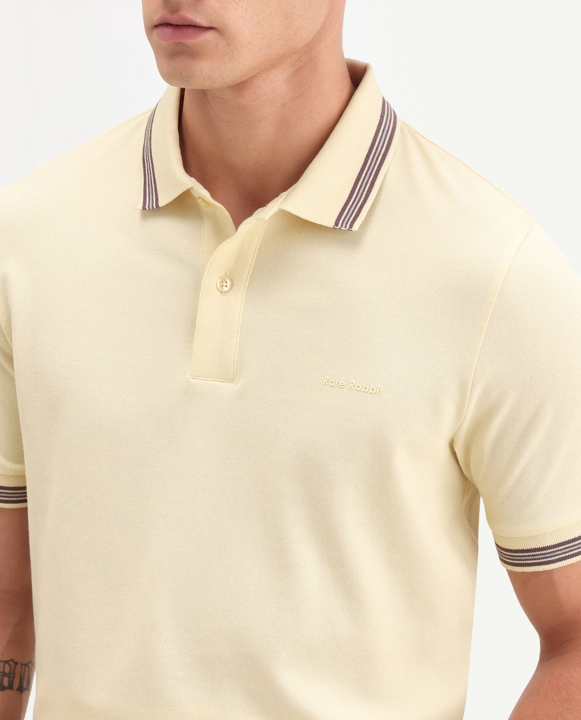 Rare Rabbit Men's Zena Light Yellow Cotton Blend Fabric Half Sleeve Spread Collar Regular Fit Plain Polo - Image 3