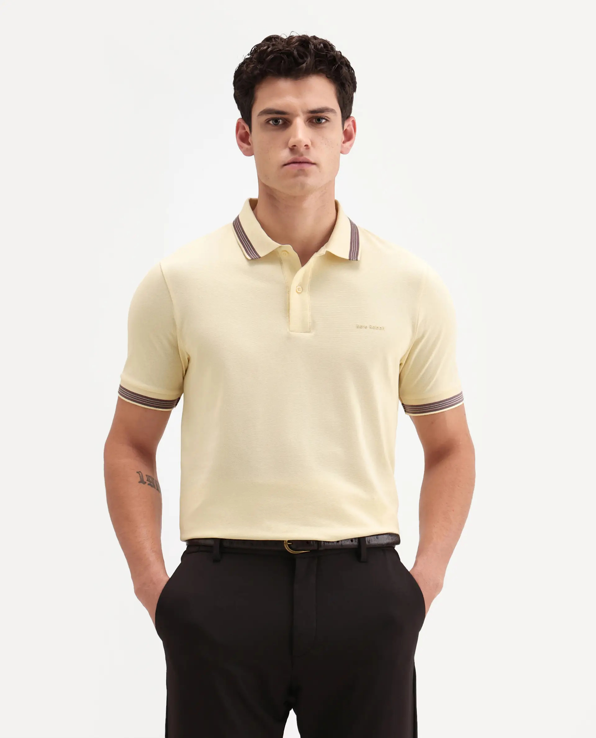 Rare Rabbit Men's Zena Light Yellow Cotton Blend Fabric Half Sleeve Spread Collar Regular Fit Plain Polo - Image 4