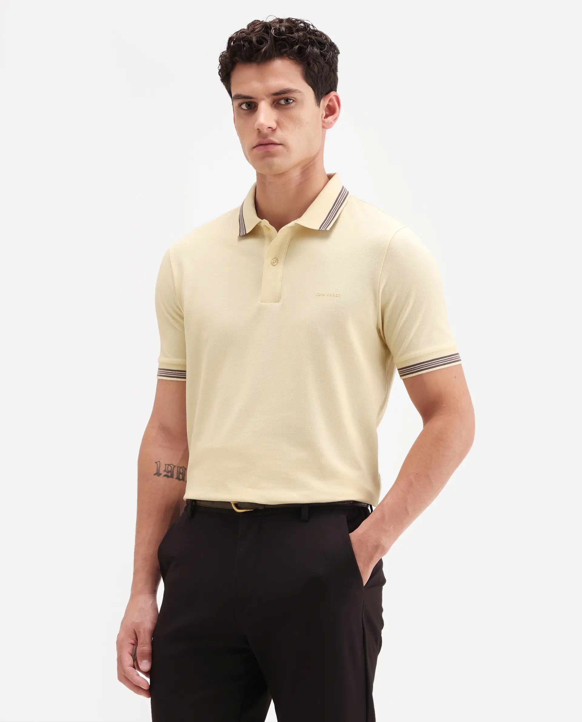 Rare Rabbit Men's Zena Light Yellow Cotton Blend Fabric Half Sleeve Spread Collar Regular Fit Plain Polo - Image 5
