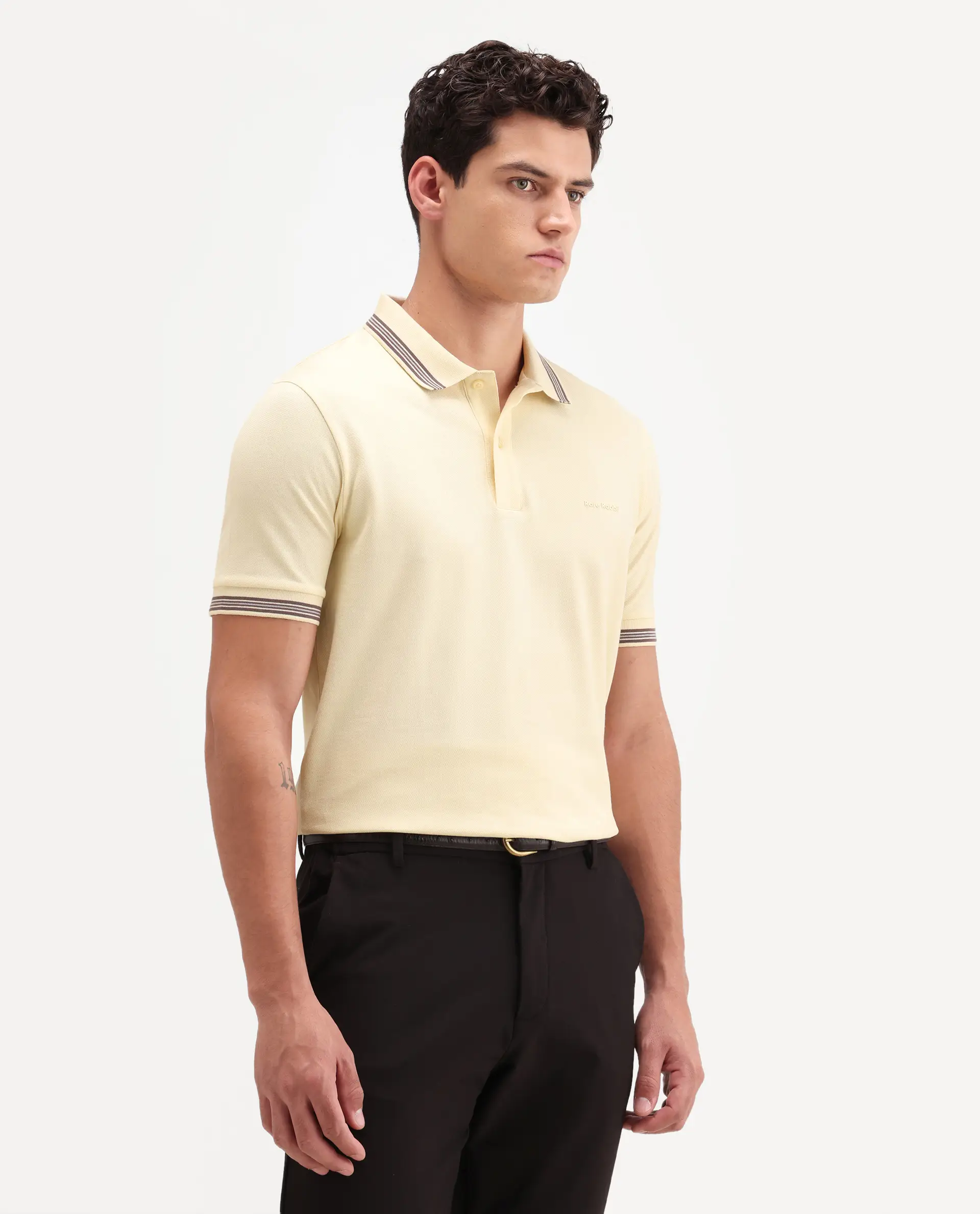 Rare Rabbit Men's Zena Light Yellow Cotton Blend Fabric Half Sleeve Spread Collar Regular Fit Plain Polo - Image 6