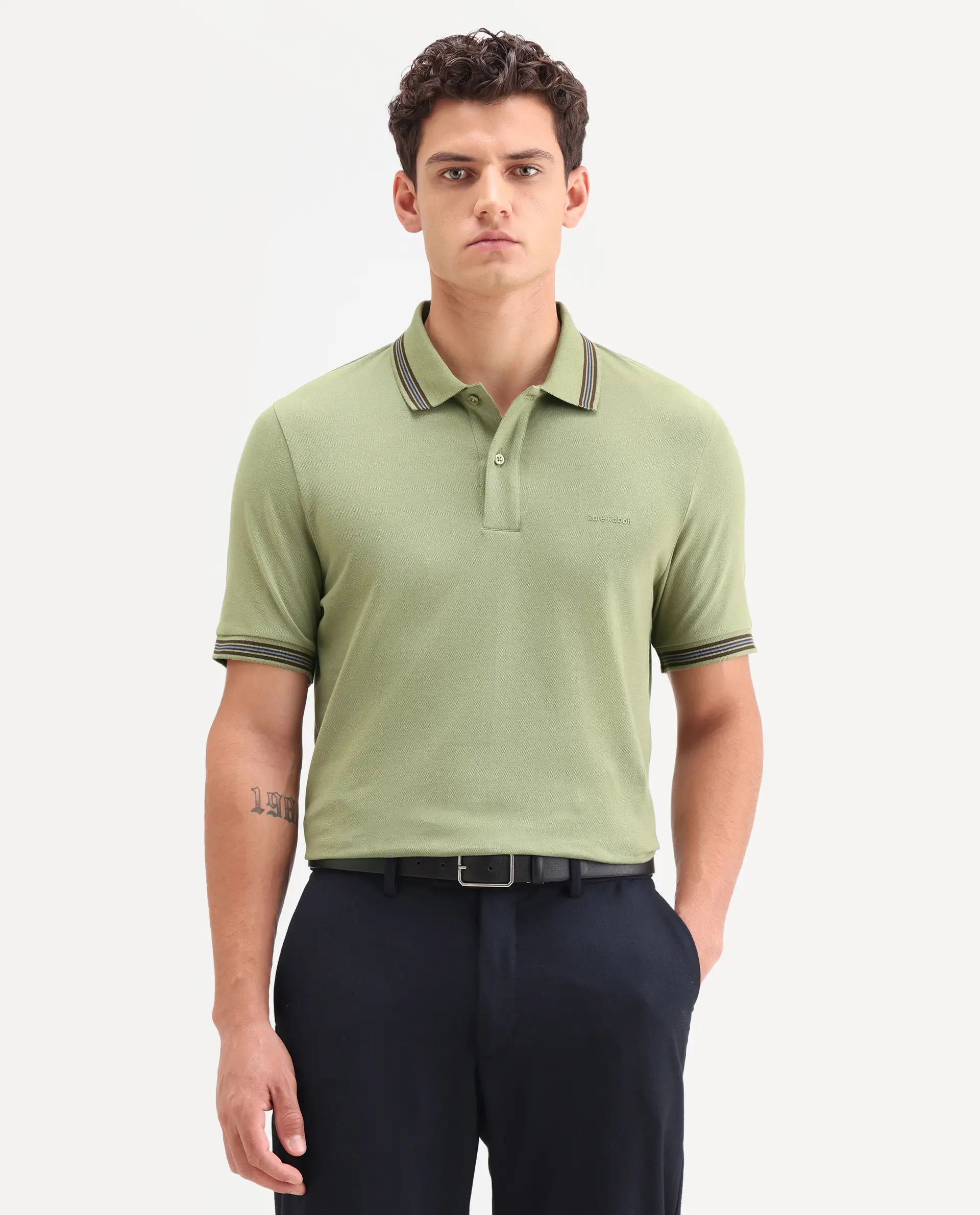 Rare Rabbit Men's Zena Sage Cotton Blend Fabric Half Sleeve Spread Collar Regular Fit Plain Polo - Image 4