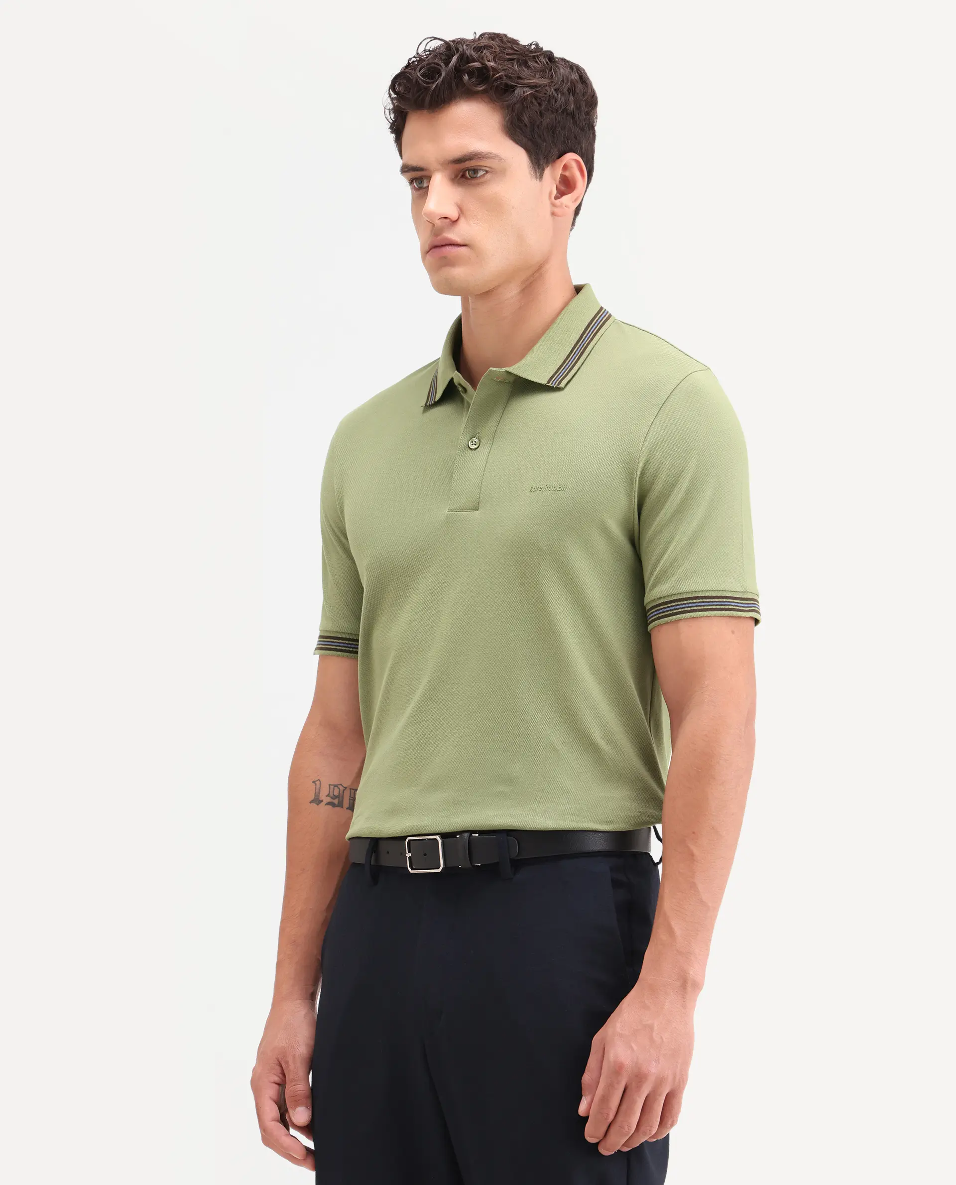 Rare Rabbit Men's Zena Sage Cotton Blend Fabric Half Sleeve Spread Collar Regular Fit Plain Polo - Image 5