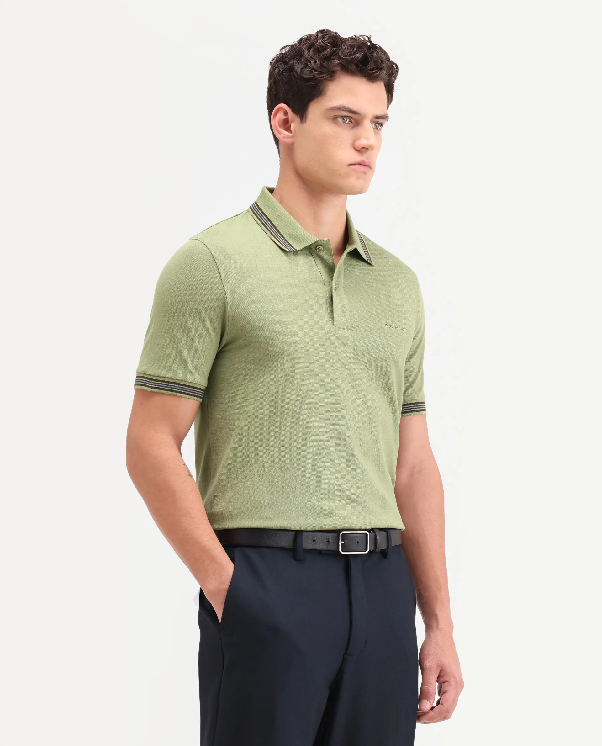 Rare Rabbit Men's Zena Sage Cotton Blend Fabric Half Sleeve Spread Collar Regular Fit Plain Polo - Image 6