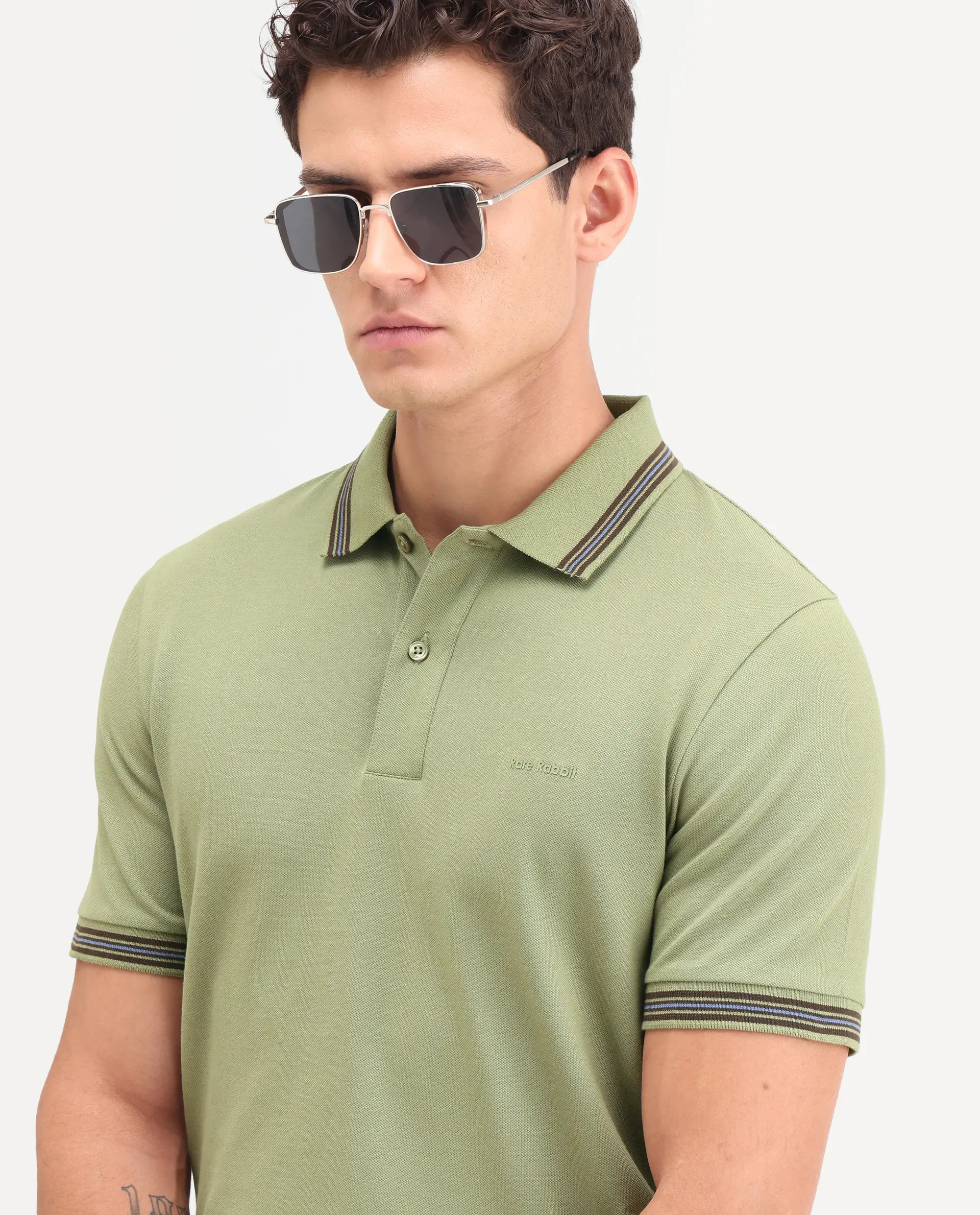 Rare Rabbit Men's Zena Sage Cotton Blend Fabric Half Sleeve Spread Collar Regular Fit Plain Polo - Image 7