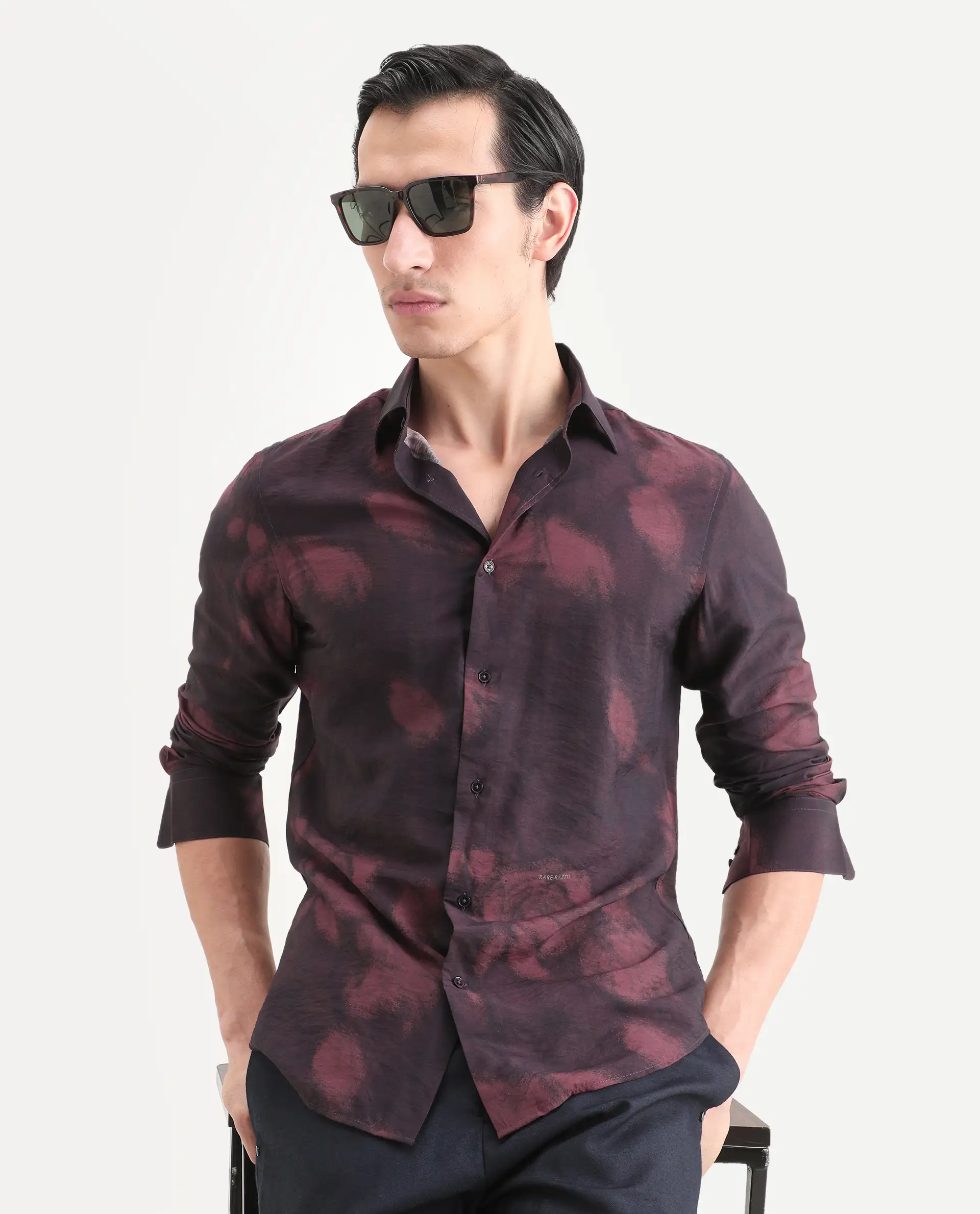 Rare Rabbit Men's Zena Maroon Viscose Blend Fabric Collared Neck Regular Printed Shirt