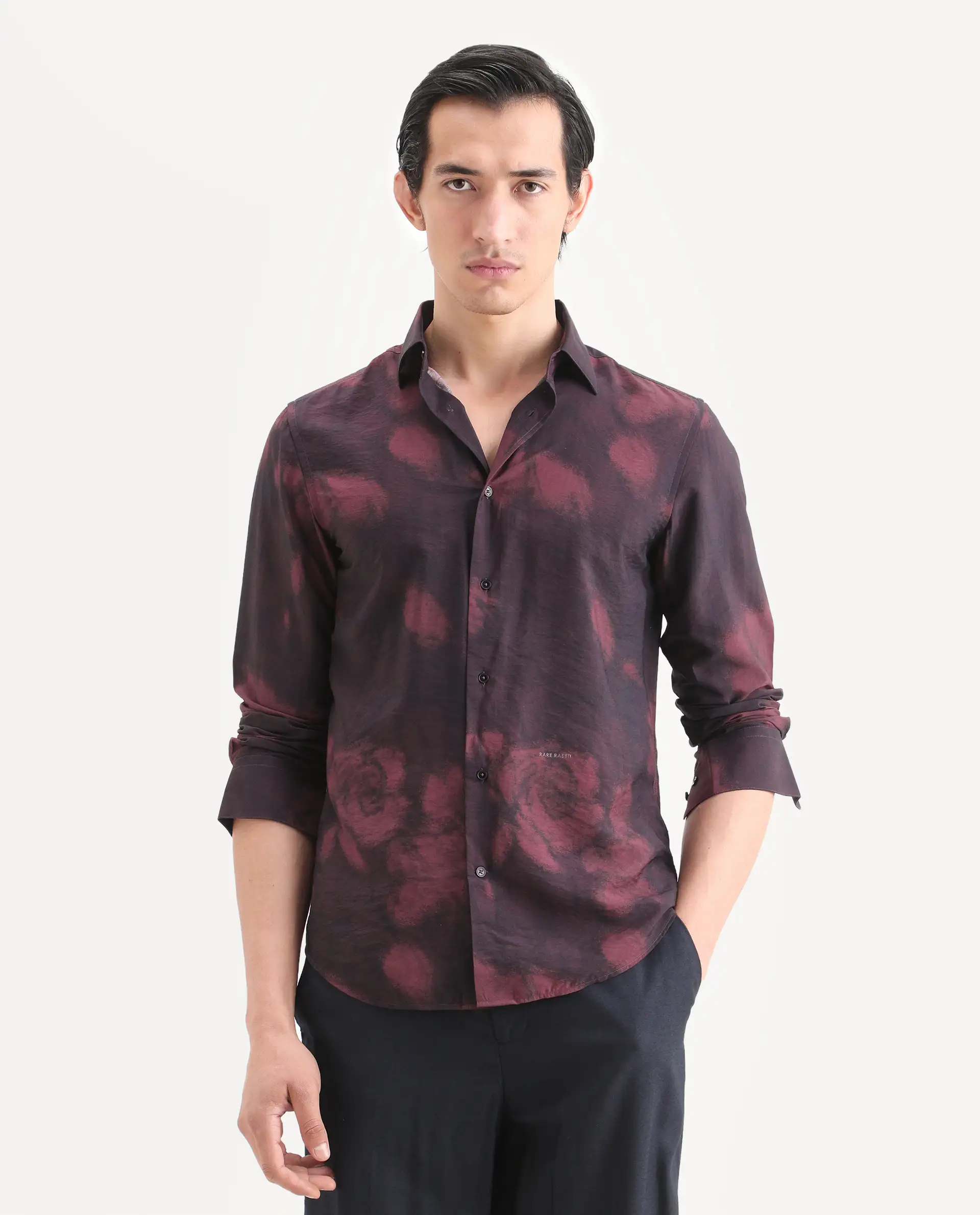 Rare Rabbit Men's Zena Maroon Viscose Blend Fabric Collared Neck Regular Printed Shirt - Image 3