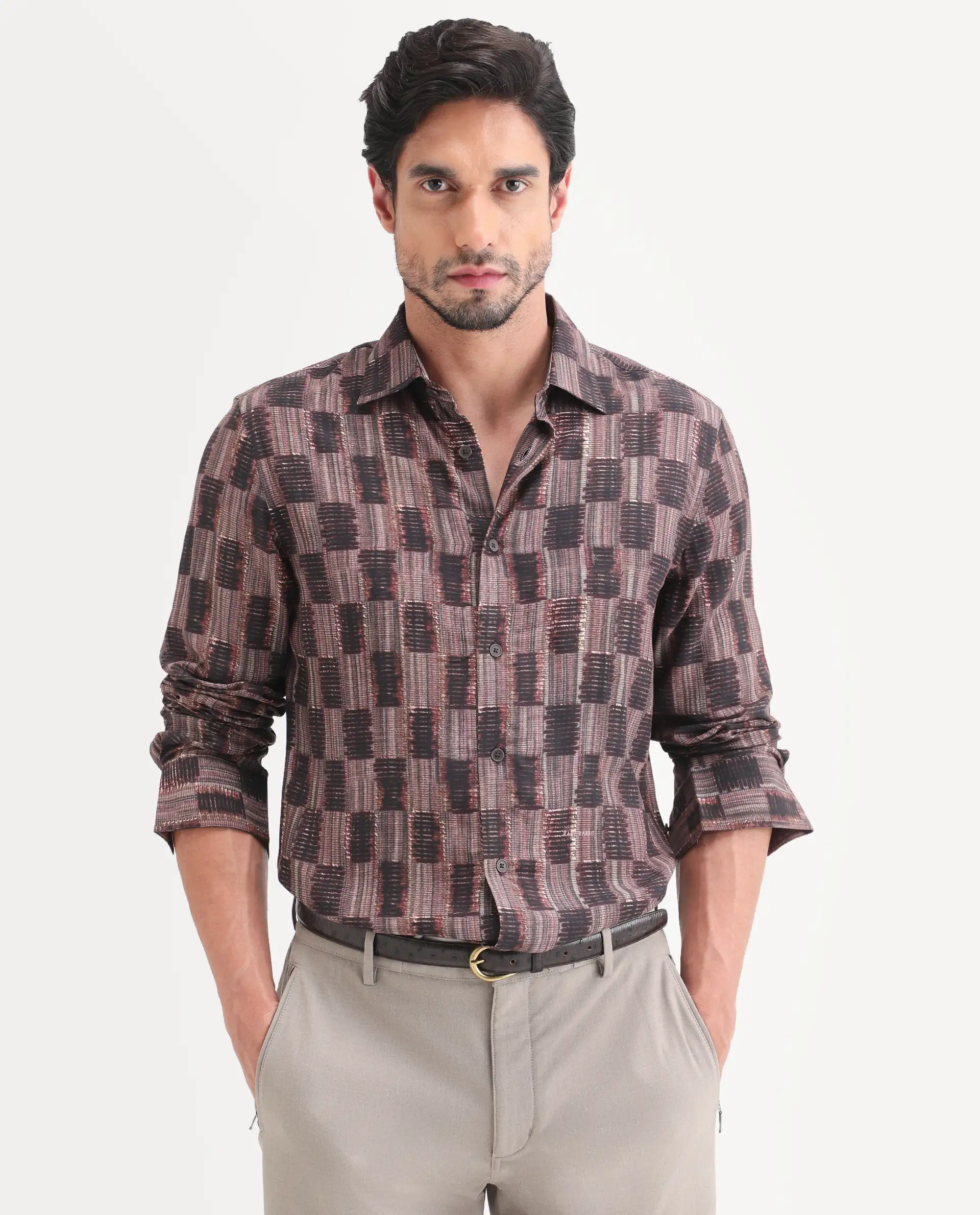 Rare Rabbit Men's Zenat Brown Viscose Fabric Full Sleeve Spread Collar Regular Abstract Print Shirt