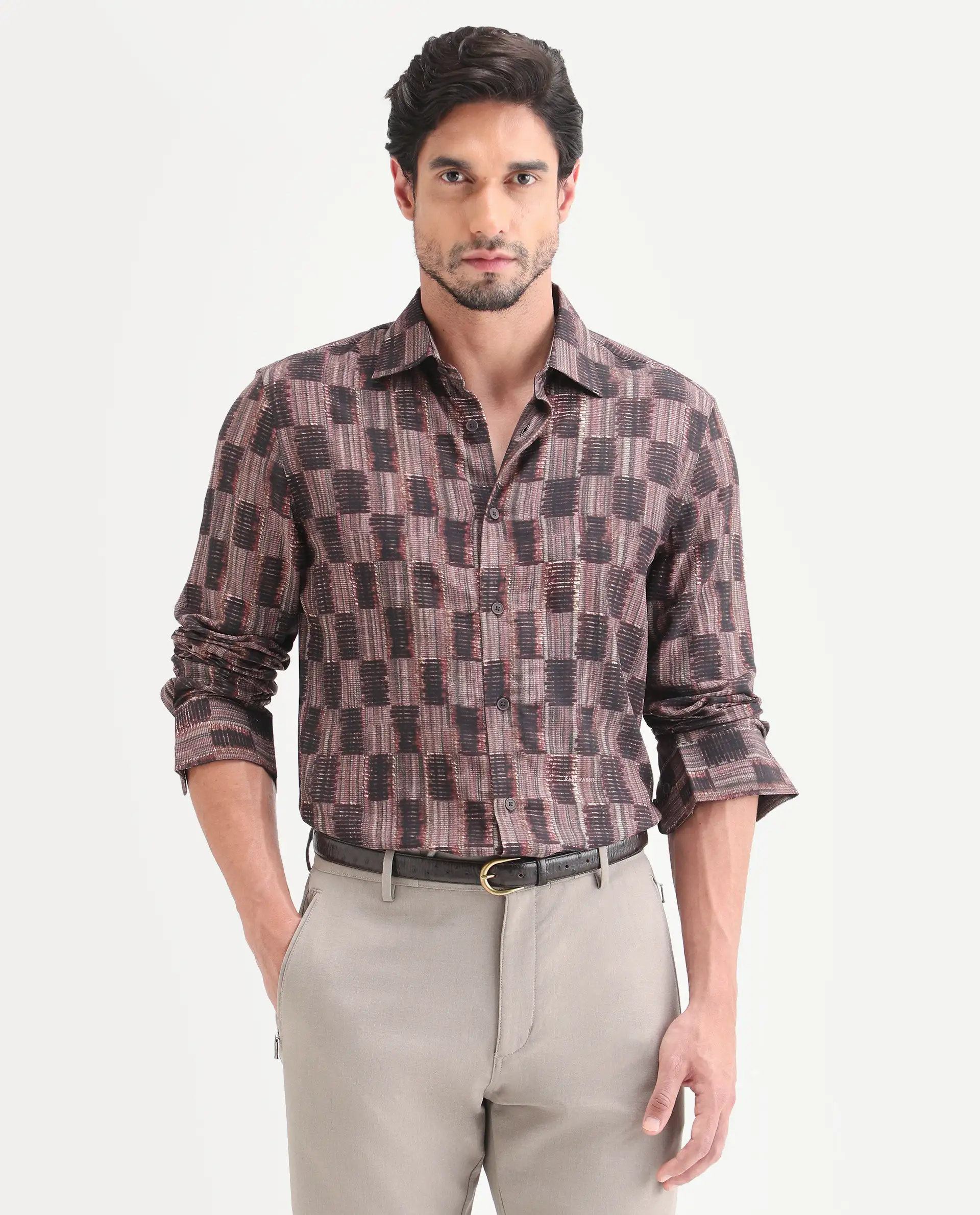 Rare Rabbit Men's Zenat Brown Viscose Fabric Full Sleeve Spread Collar Regular Abstract Print Shirt - Image 4