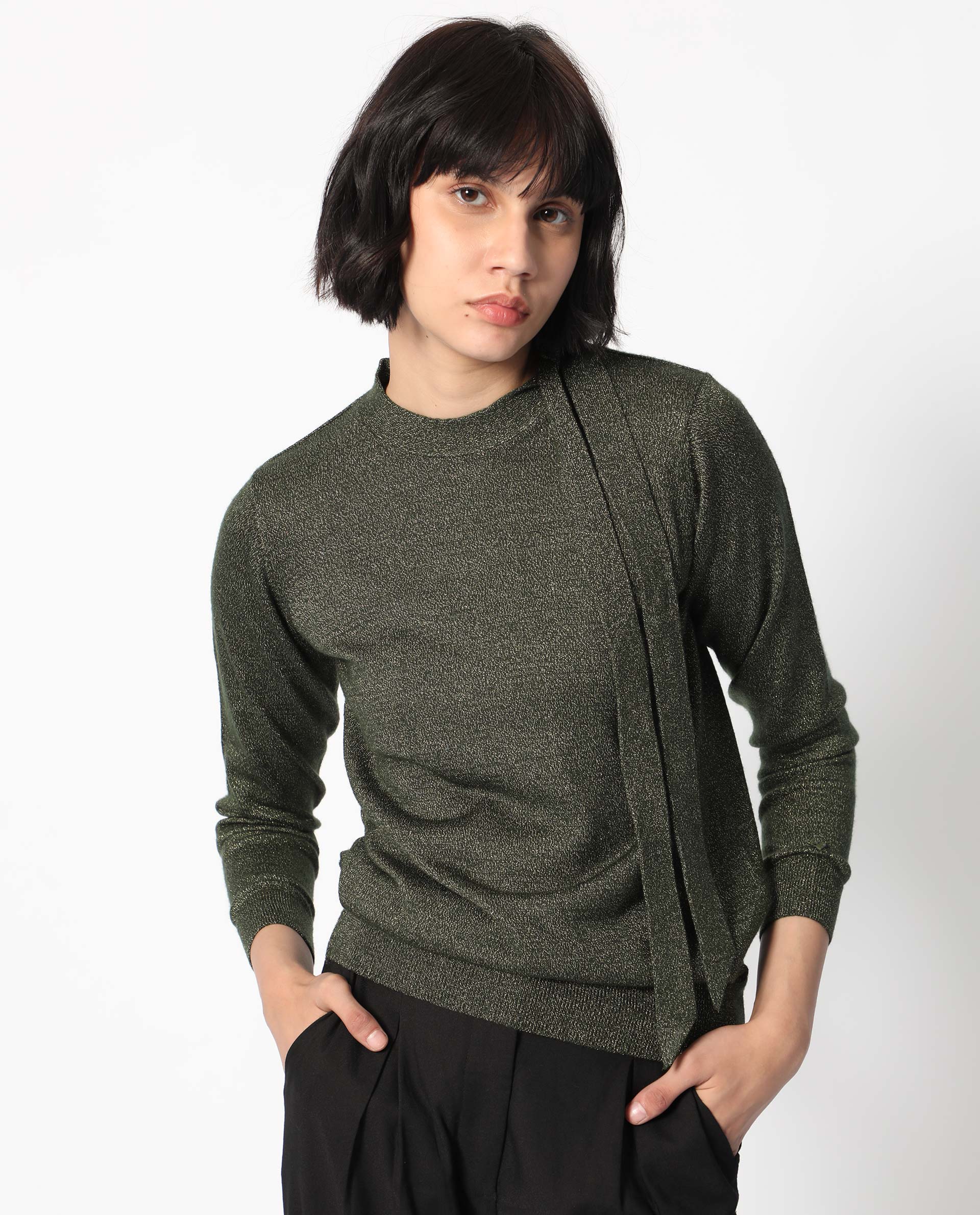 Rareism Women's Zener Green Acrylic High Neck Plain Regular Fit Sweater