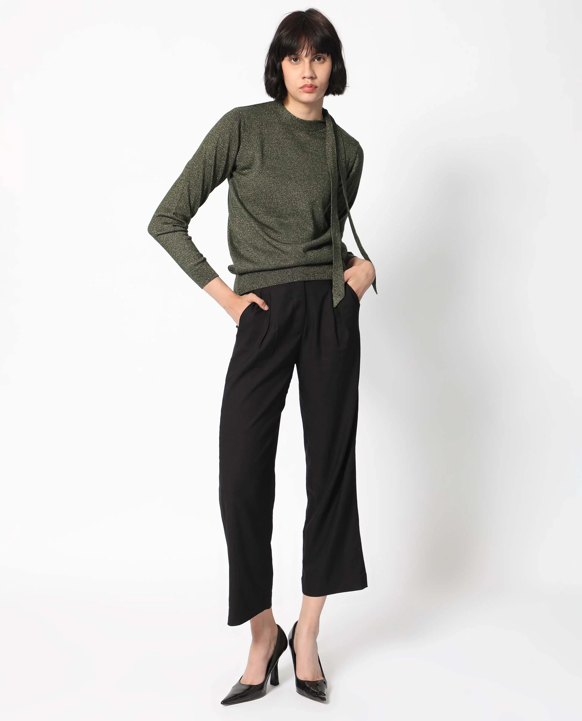 Rareism Women's Zener Green Acrylic High Neck Plain Regular Fit Sweater - Image 2
