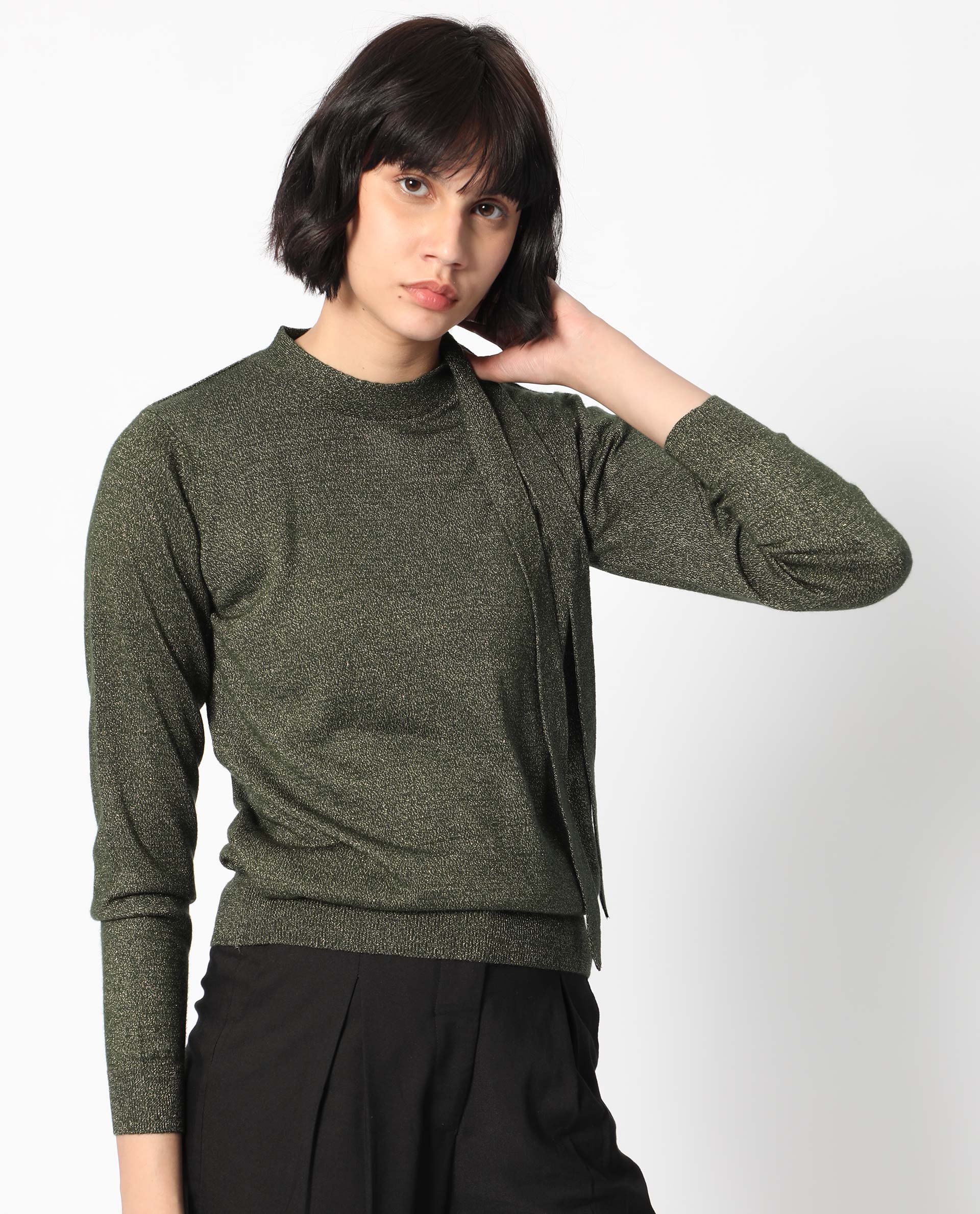 Rareism Women's Zener Green Acrylic High Neck Plain Regular Fit Sweater - Image 7