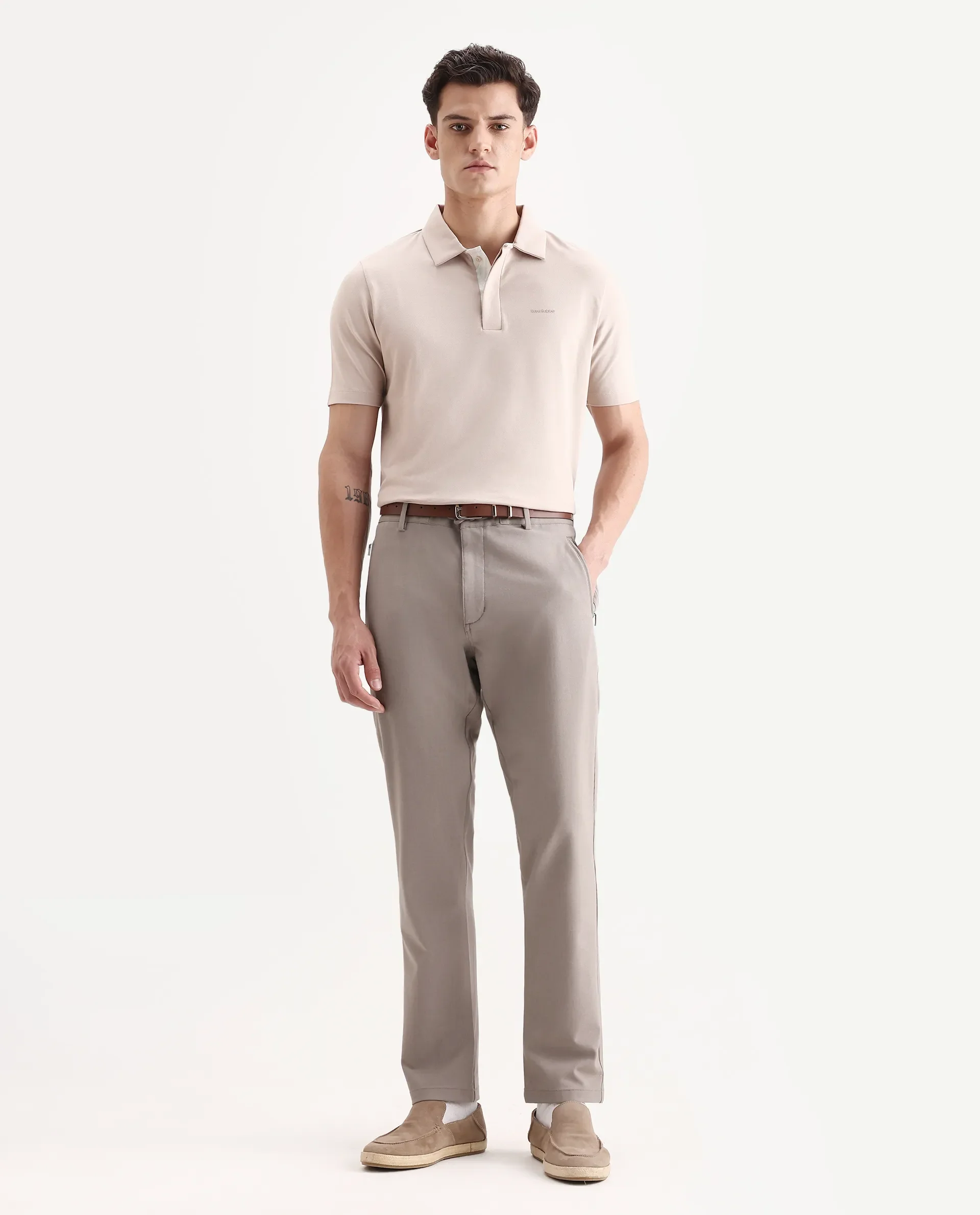 Rare Rabbit Men's Zeni-A25 Dusky Beige Cotton Blend Plain Regular Fit Half Sleeve Polo - Image 2