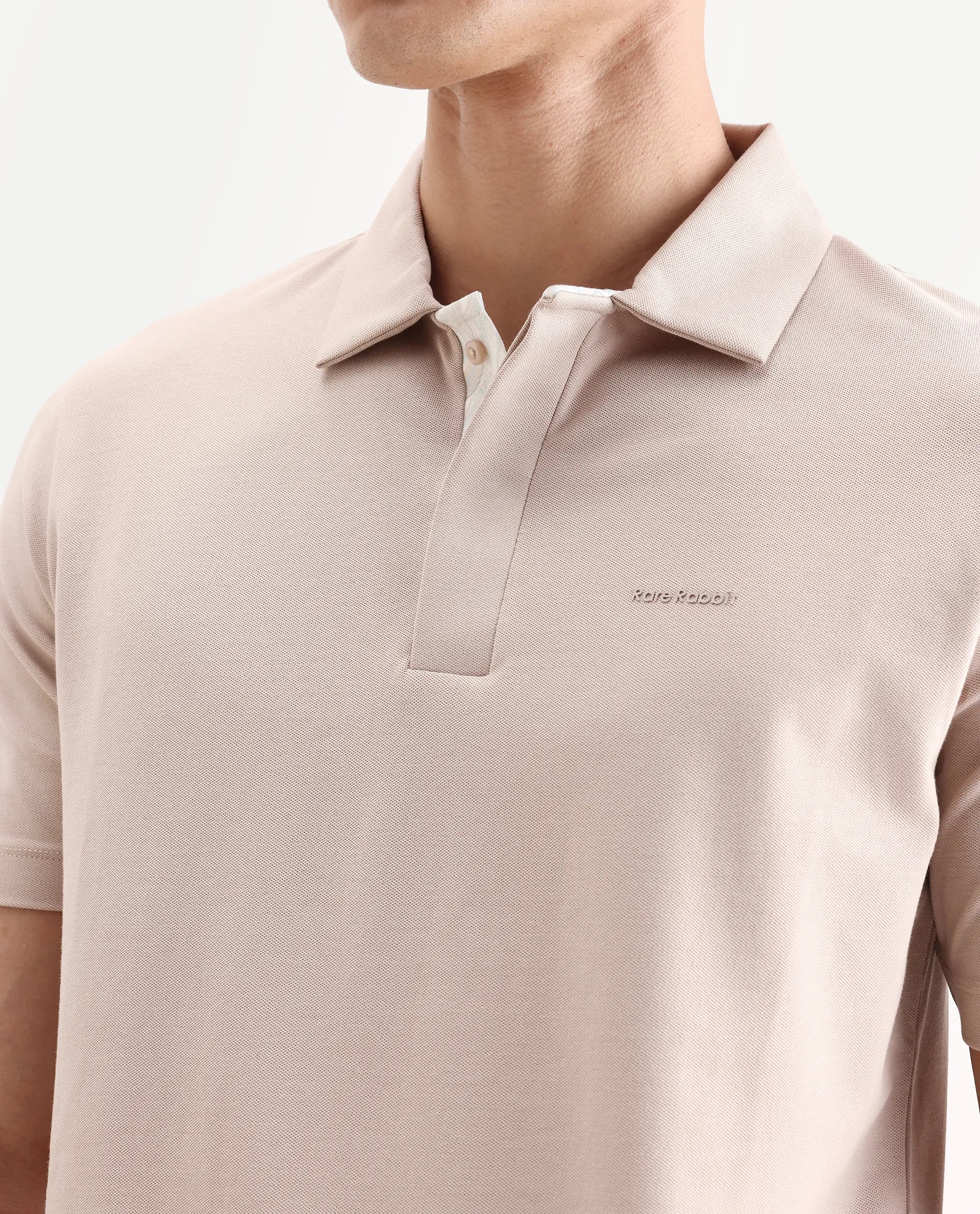 Rare Rabbit Men's Zeni-A25 Dusky Beige Cotton Blend Plain Regular Fit Half Sleeve Polo - Image 3