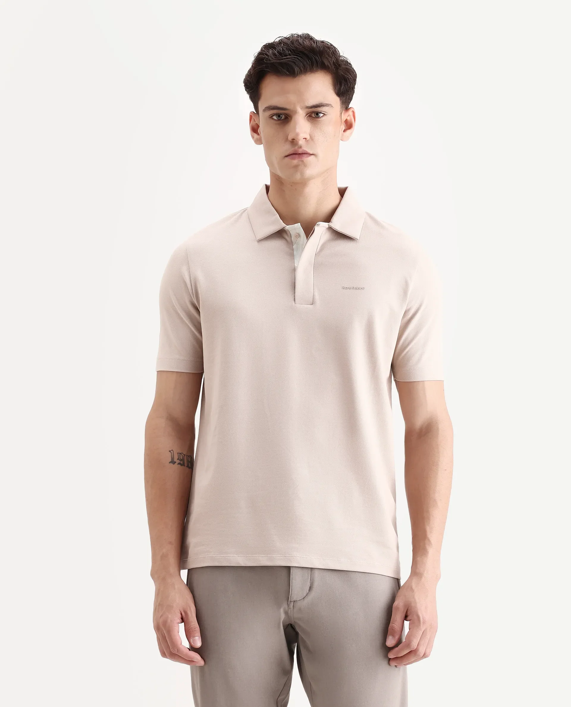 Rare Rabbit Men's Zeni-A25 Dusky Beige Cotton Blend Plain Regular Fit Half Sleeve Polo - Image 4