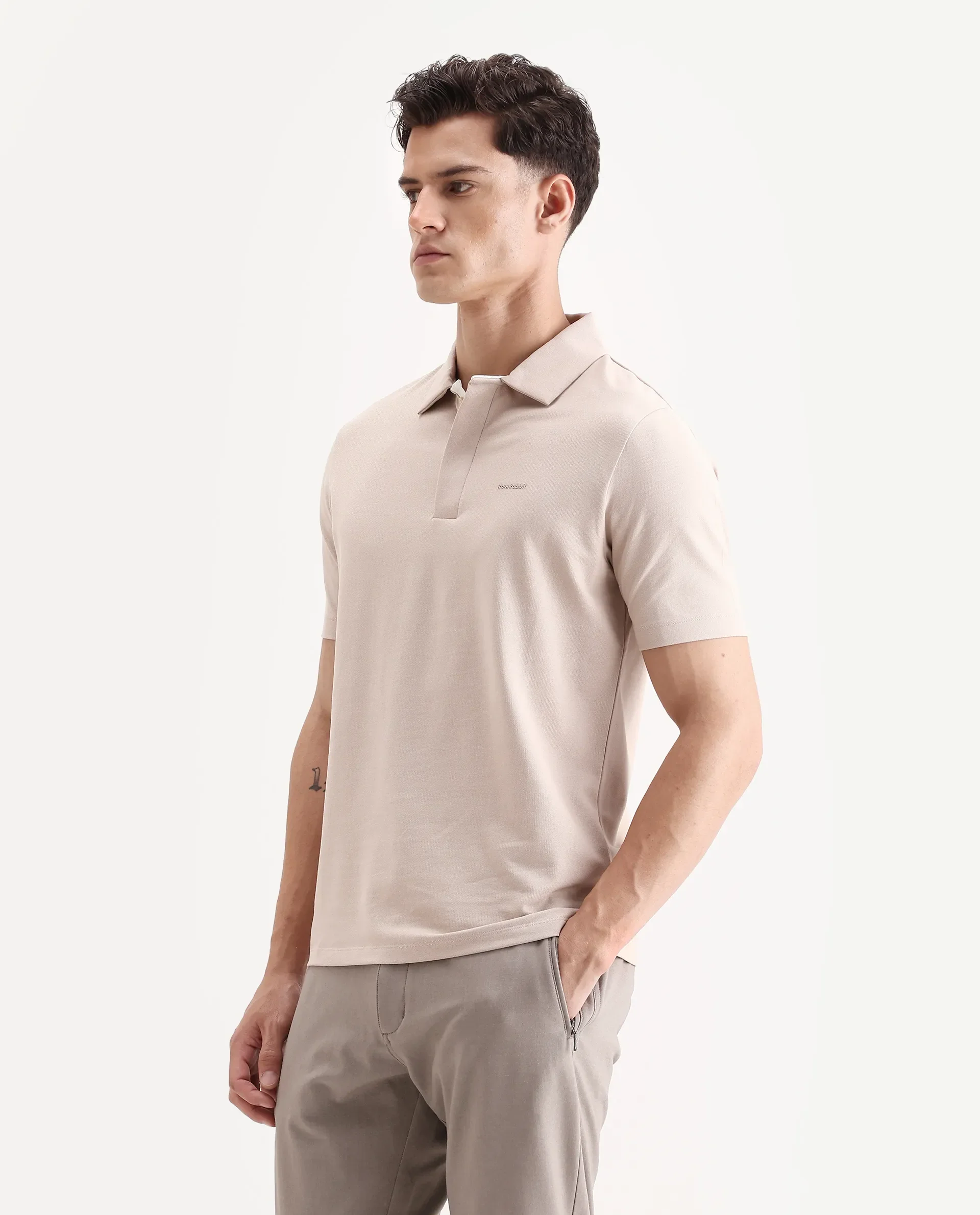 Rare Rabbit Men's Zeni-A25 Dusky Beige Cotton Blend Plain Regular Fit Half Sleeve Polo - Image 5
