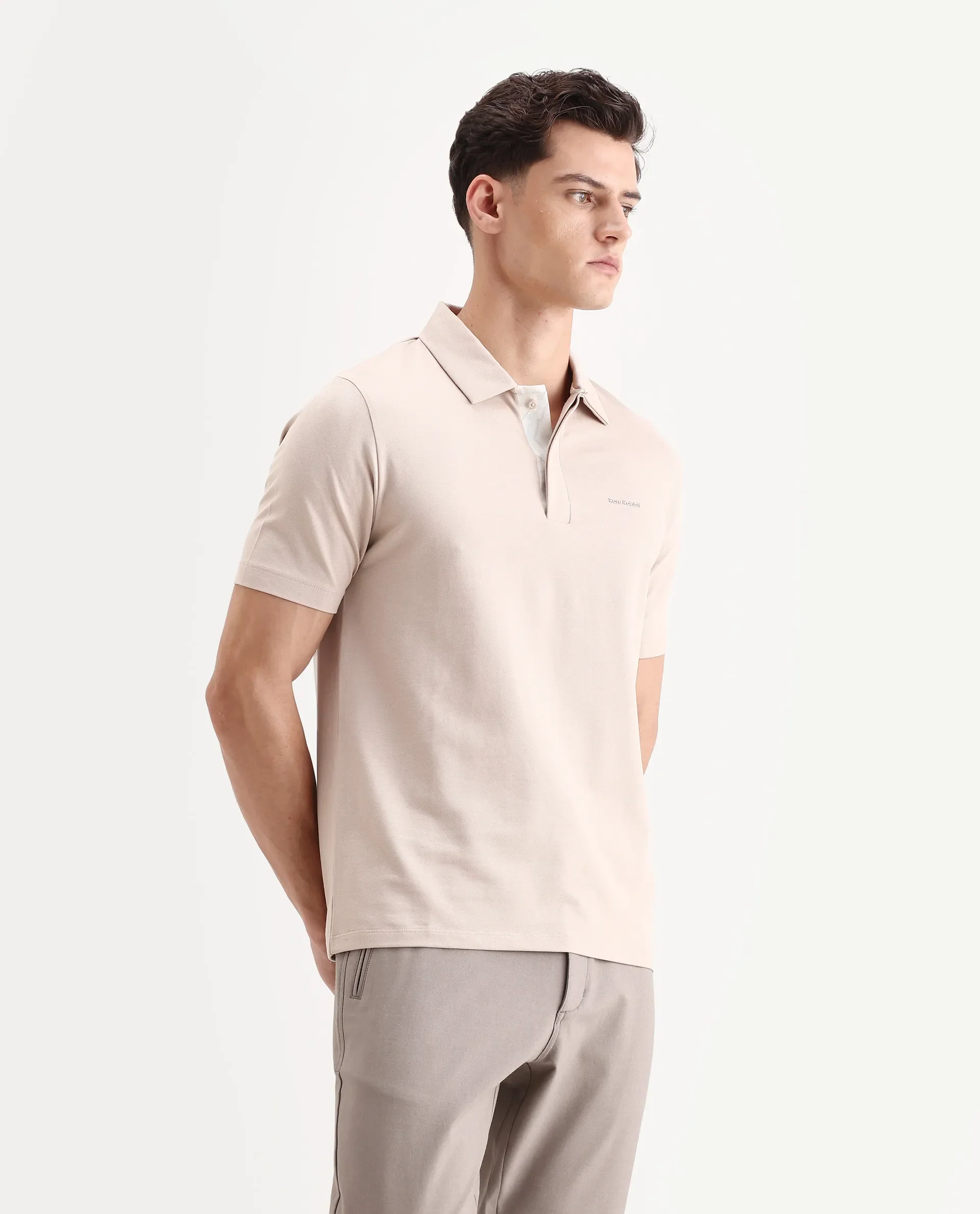 Rare Rabbit Men's Zeni-A25 Dusky Beige Cotton Blend Plain Regular Fit Half Sleeve Polo - Image 6