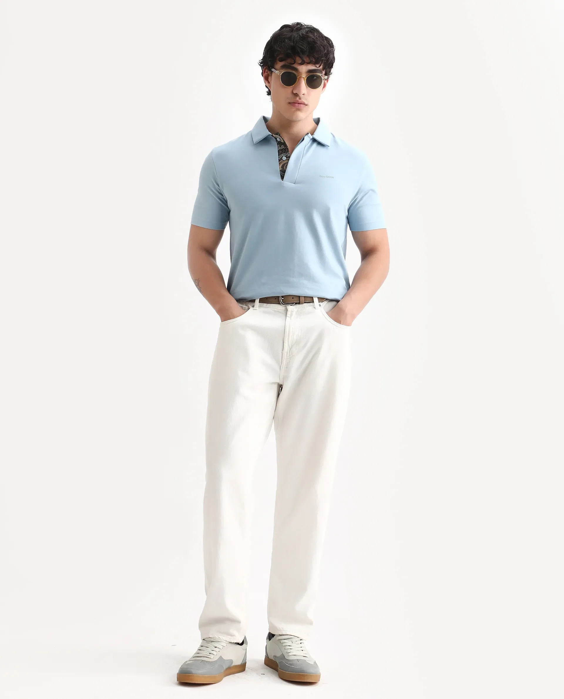 Rare Rabbit Men's Zeni-A25 Dusky Blue Cotton Blend Plain Regular Fit Half Sleeve Polo - Image 2