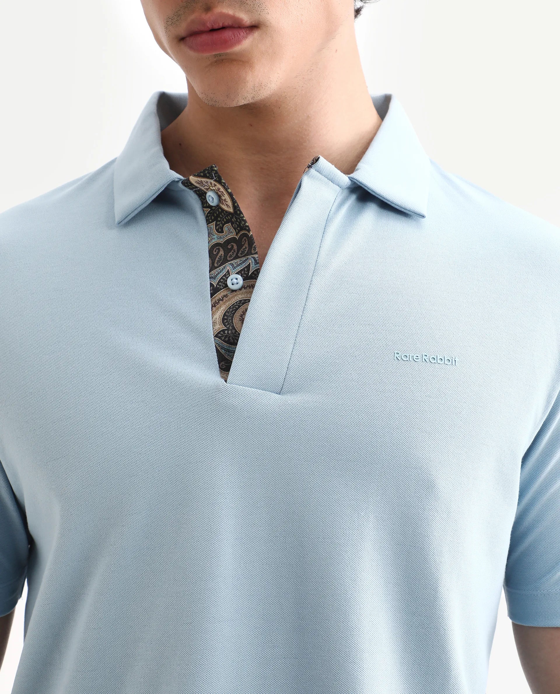Rare Rabbit Men's Zeni-A25 Dusky Blue Cotton Blend Plain Regular Fit Half Sleeve Polo - Image 3