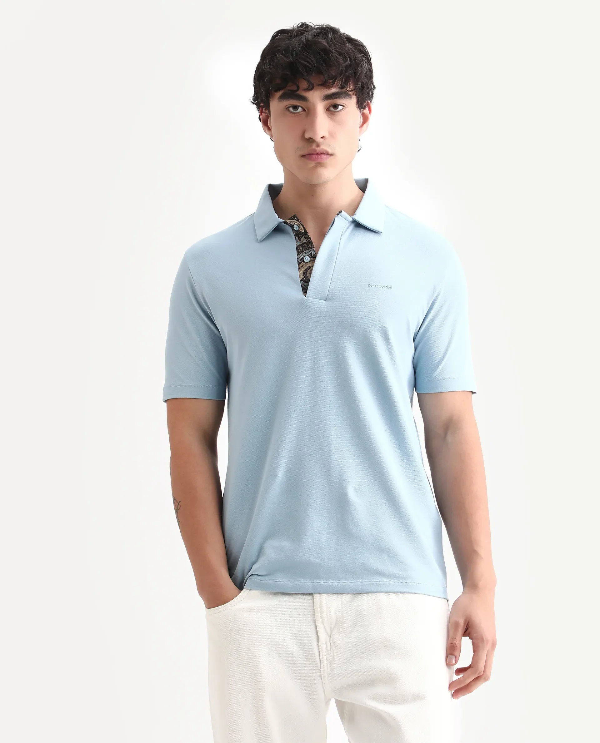 Rare Rabbit Men's Zeni-A25 Dusky Blue Cotton Blend Plain Regular Fit Half Sleeve Polo - Image 4