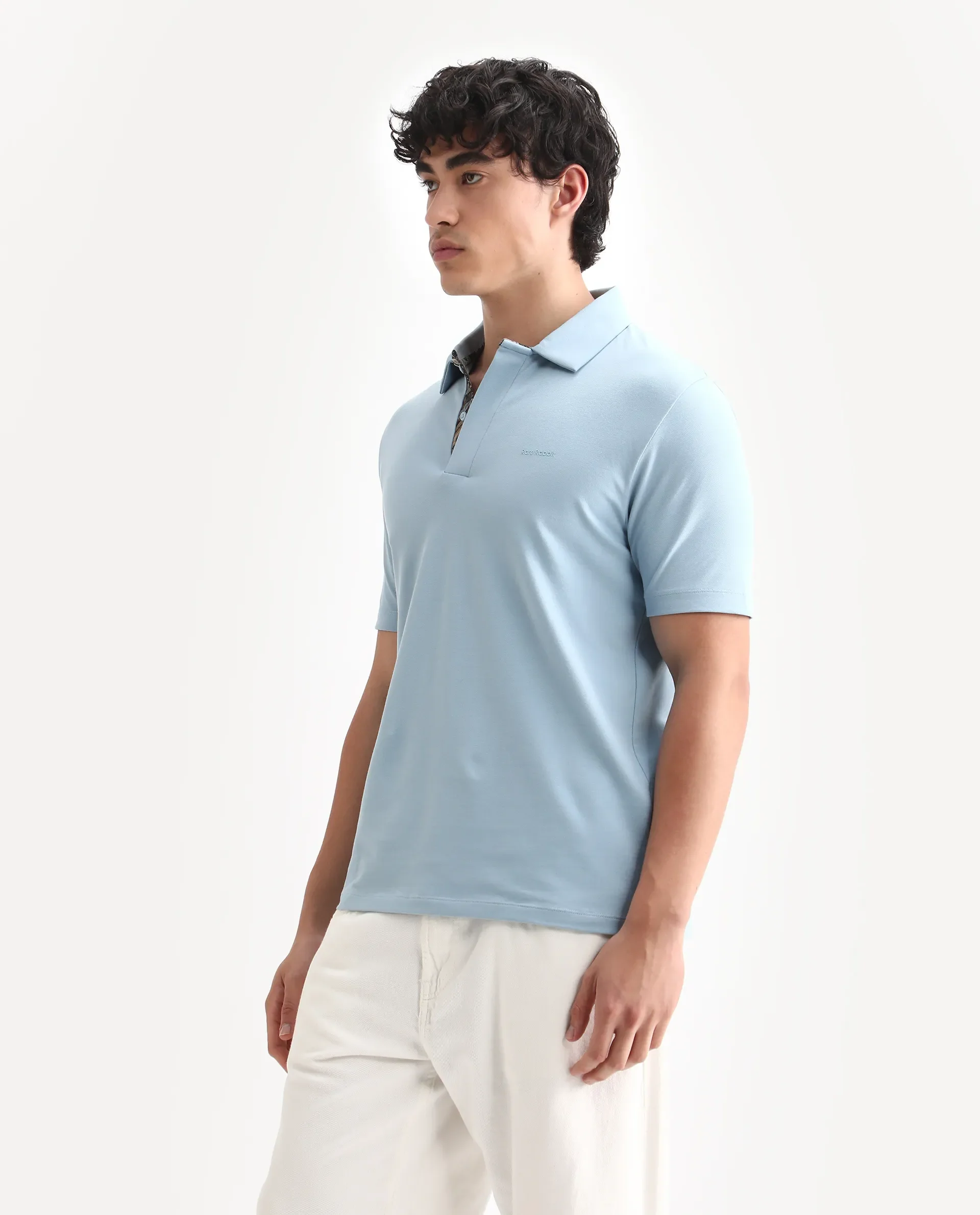 Rare Rabbit Men's Zeni-A25 Dusky Blue Cotton Blend Plain Regular Fit Half Sleeve Polo - Image 5