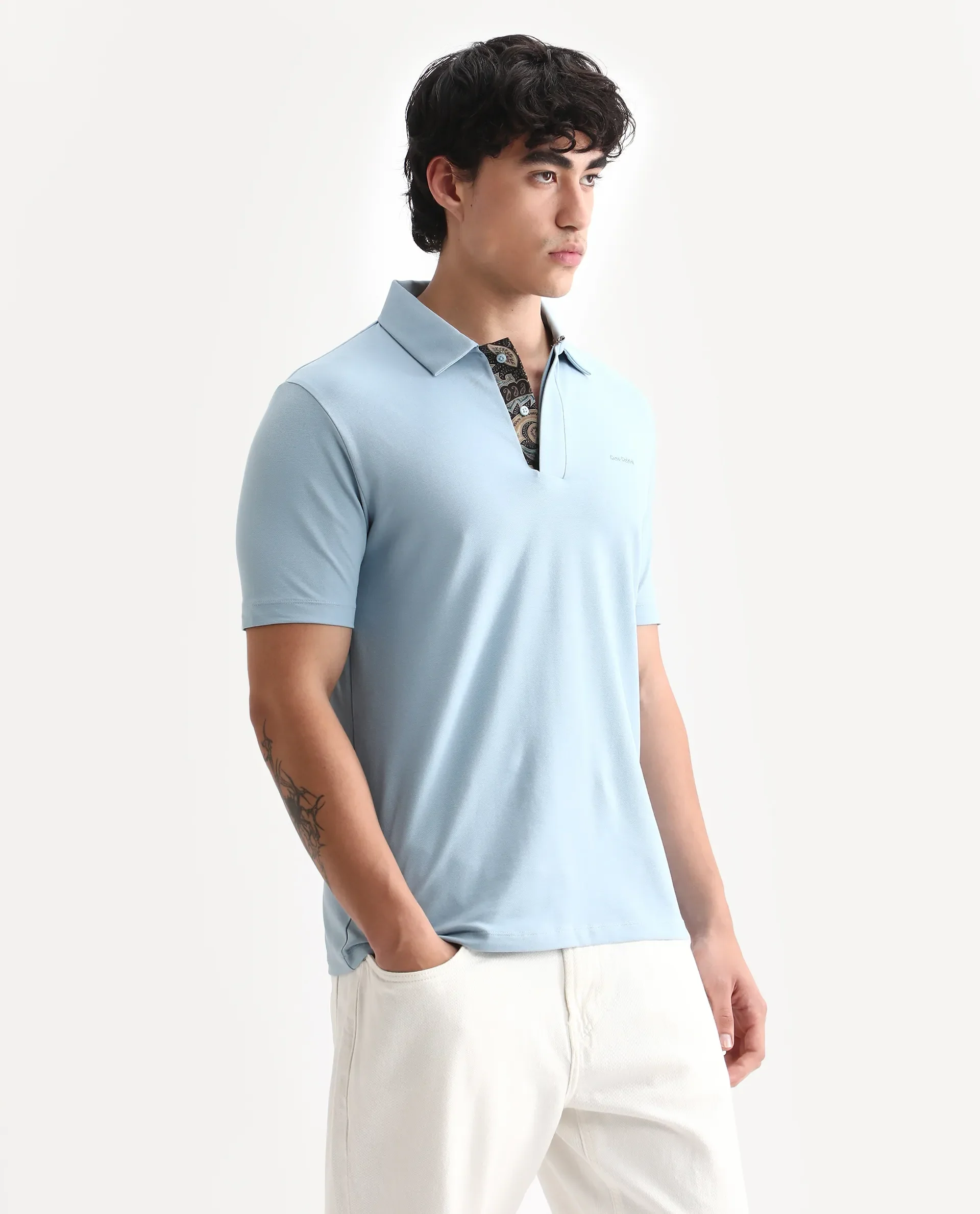Rare Rabbit Men's Zeni-A25 Dusky Blue Cotton Blend Plain Regular Fit Half Sleeve Polo - Image 6