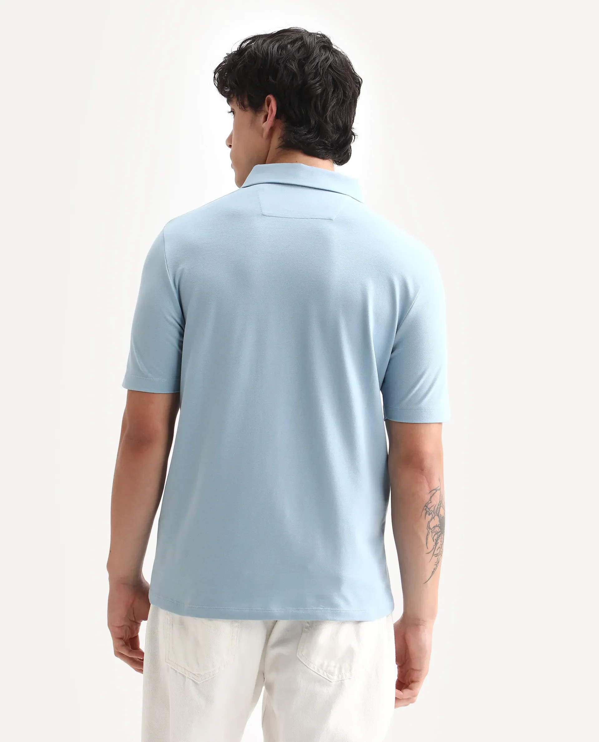 Rare Rabbit Men's Zeni-A25 Dusky Blue Cotton Blend Plain Regular Fit Half Sleeve Polo - Image 7
